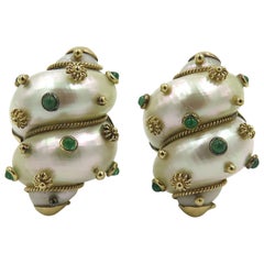 Vintage Pair of Shell, Emerald and Gold Earrings