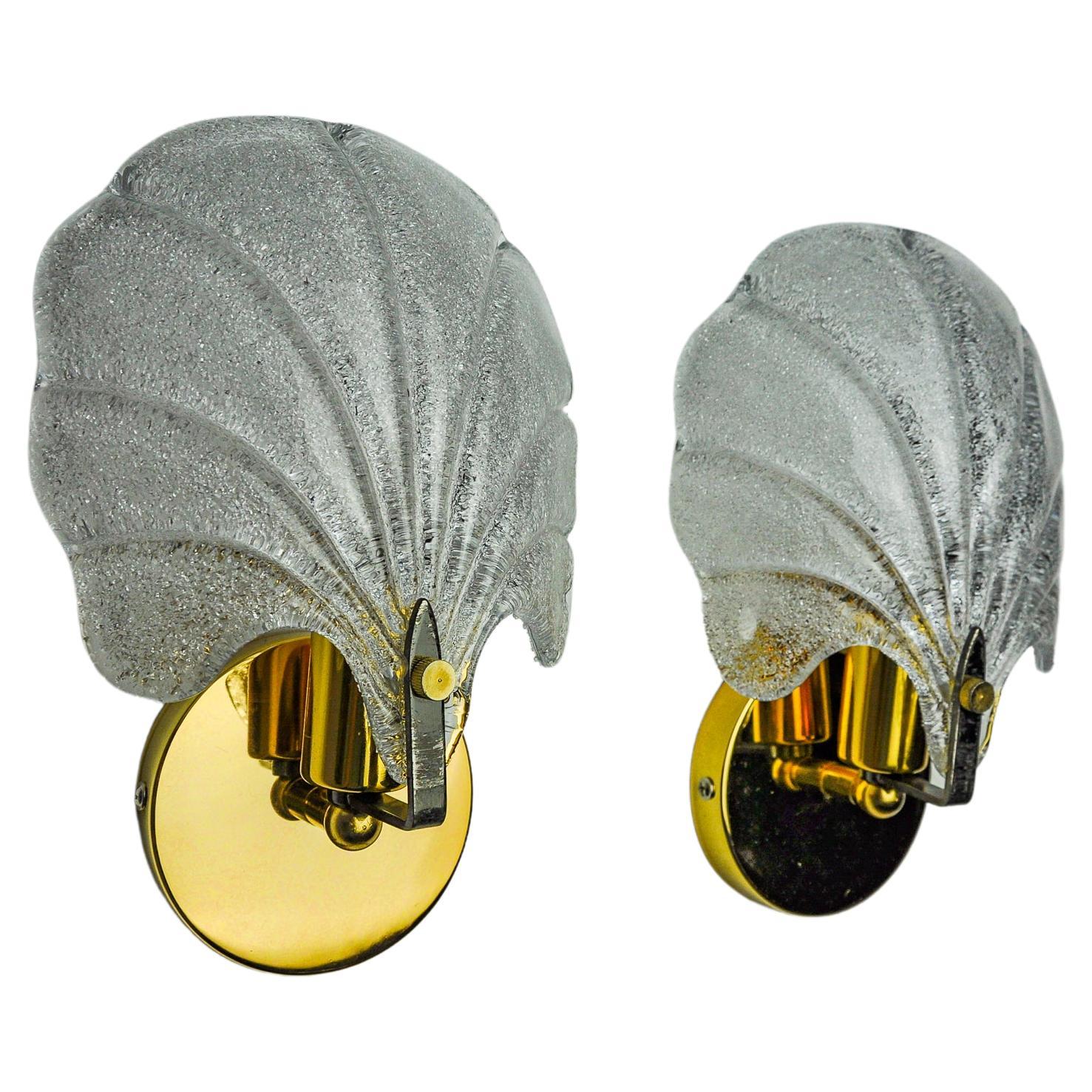 Pair of shell sconces, frosted murano glass, italy, 1980 For Sale