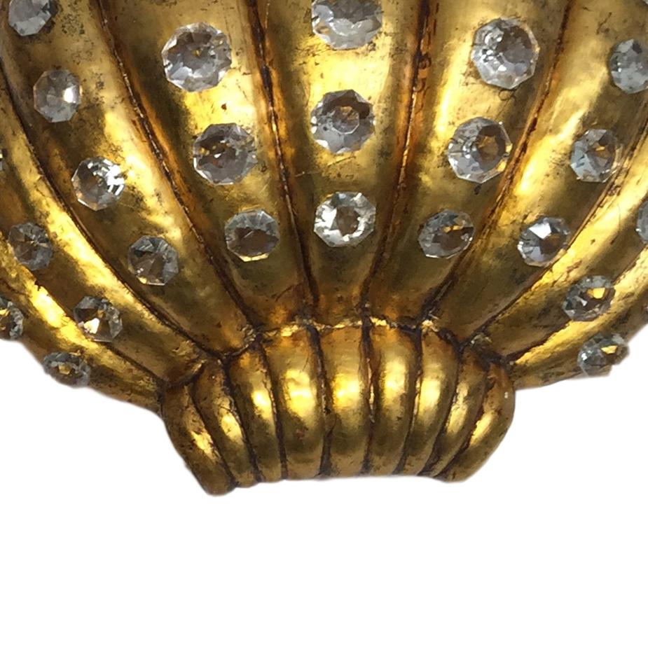 Gilt Pair of Shell Sconces with Crystal Insets For Sale