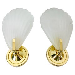 Retro Pair of Shell Shaped Brass and Glass Wall Lamps, 1980s