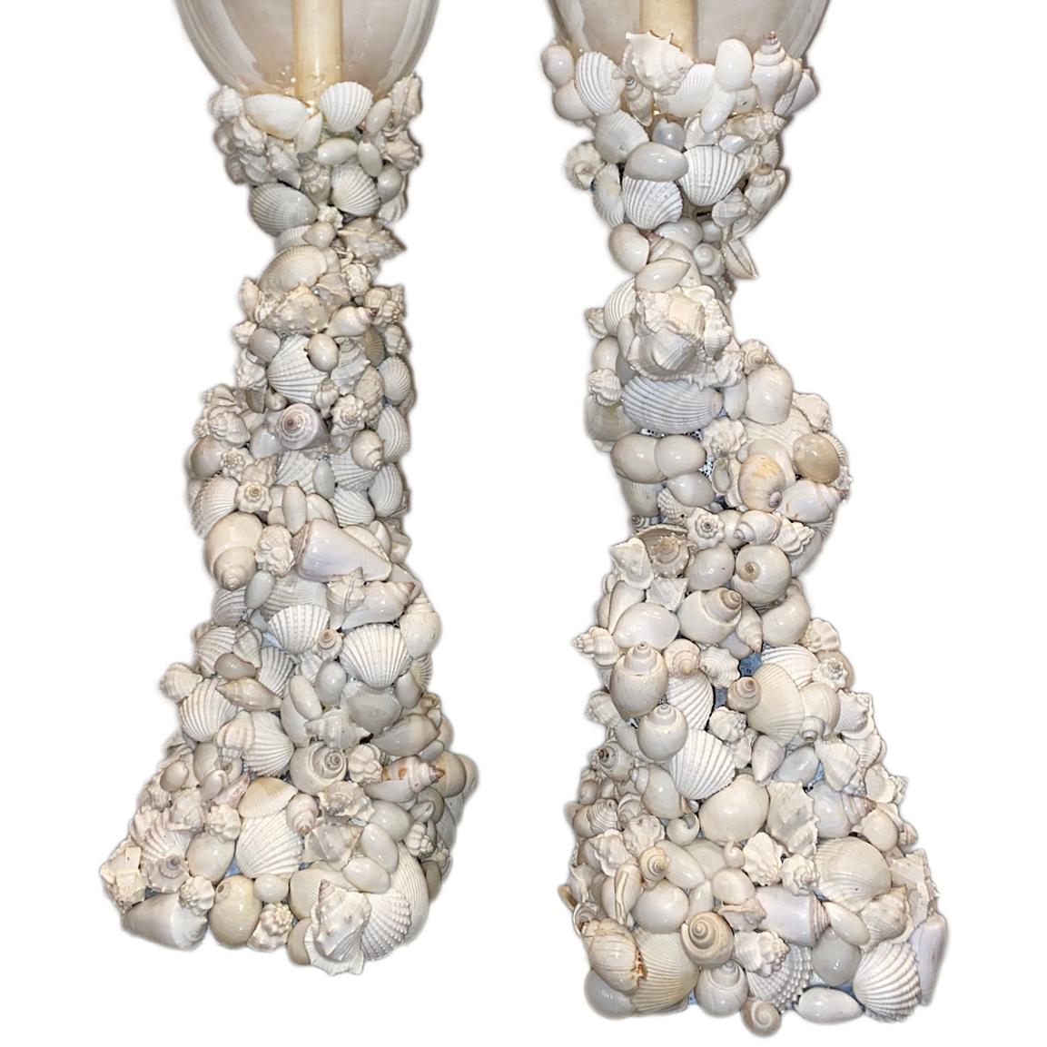 Italian Pair of Shell Table Lamps with Glass Shades For Sale