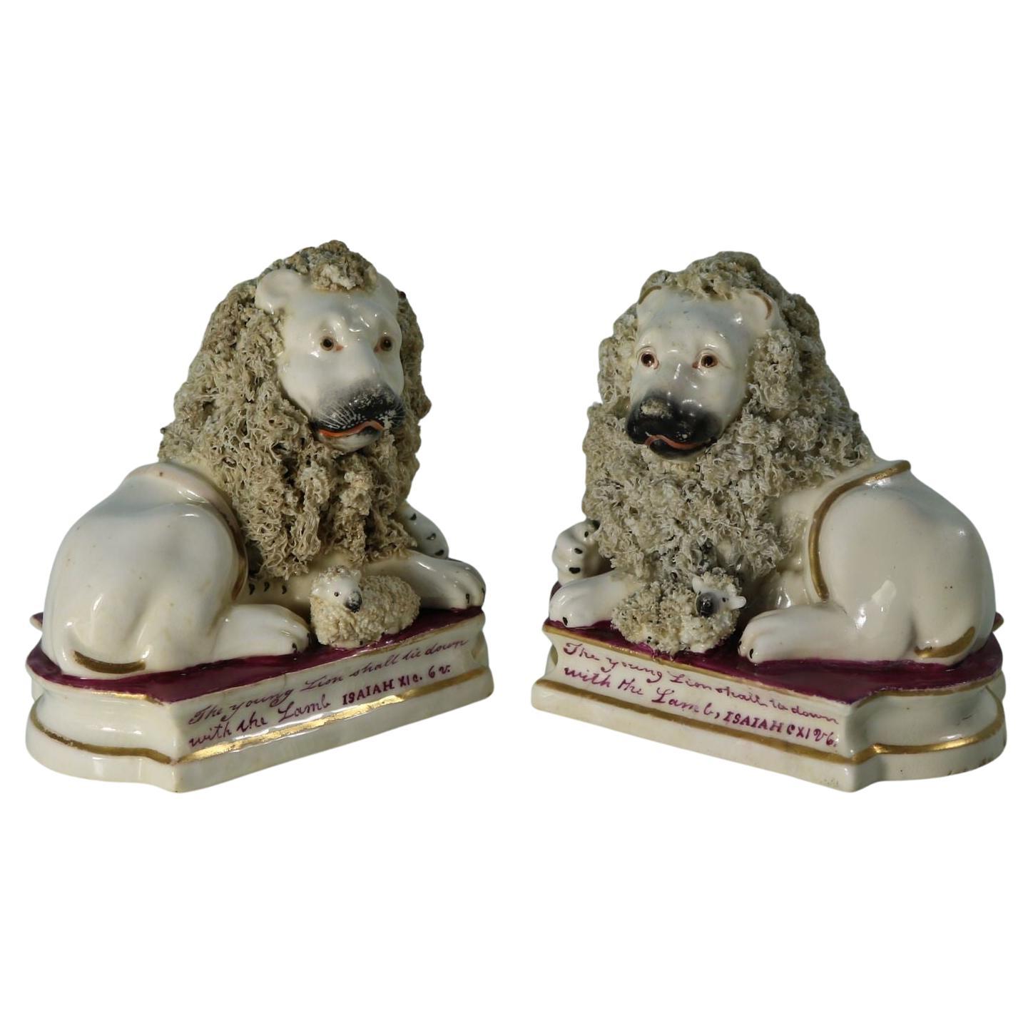 Pair of Shelton Staffordshire Lion and Lamb figures