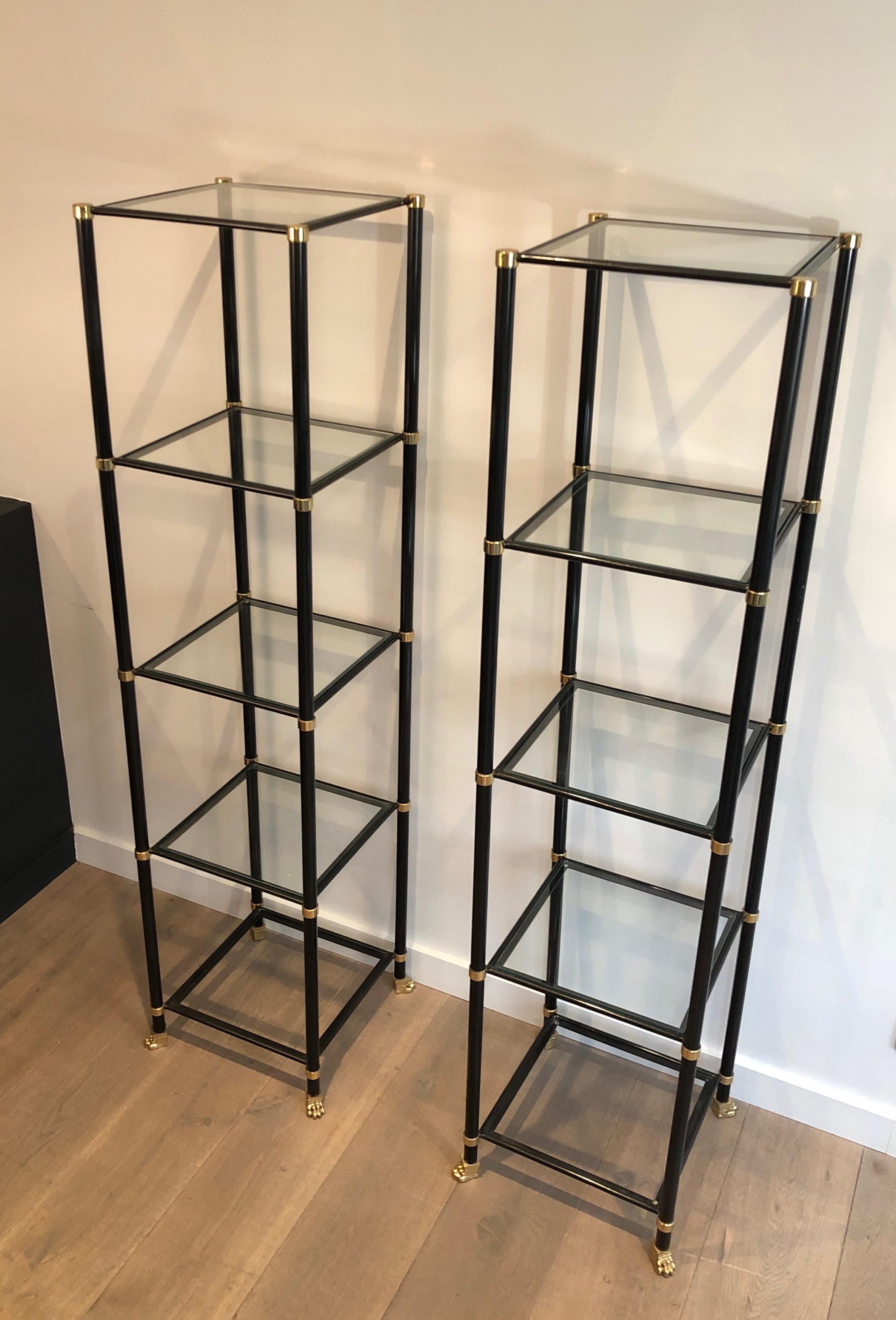 Pair of Shelves in Black Lacquered Metal, Brass, Glass and Bronze with Claw Feet For Sale 5