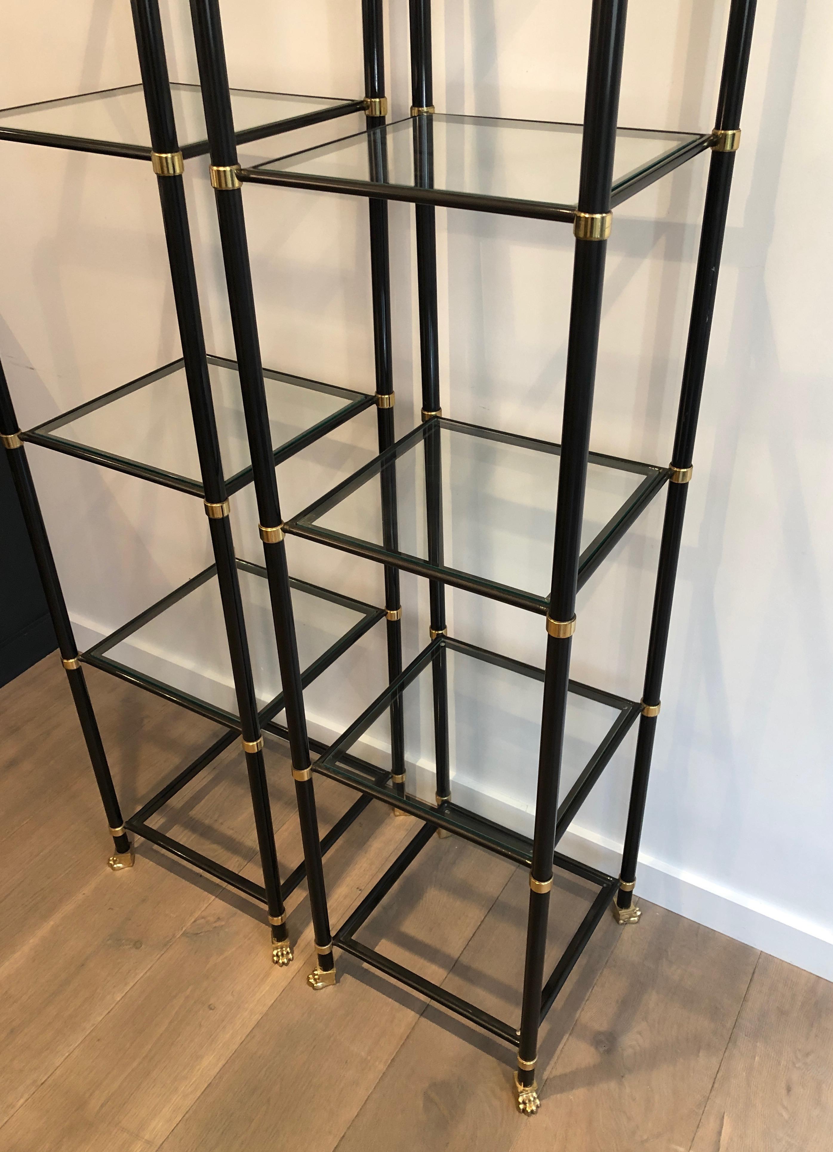 Pair of Shelves in Black Lacquered Metal, Brass, Glass and Bronze with Claw Feet For Sale 6