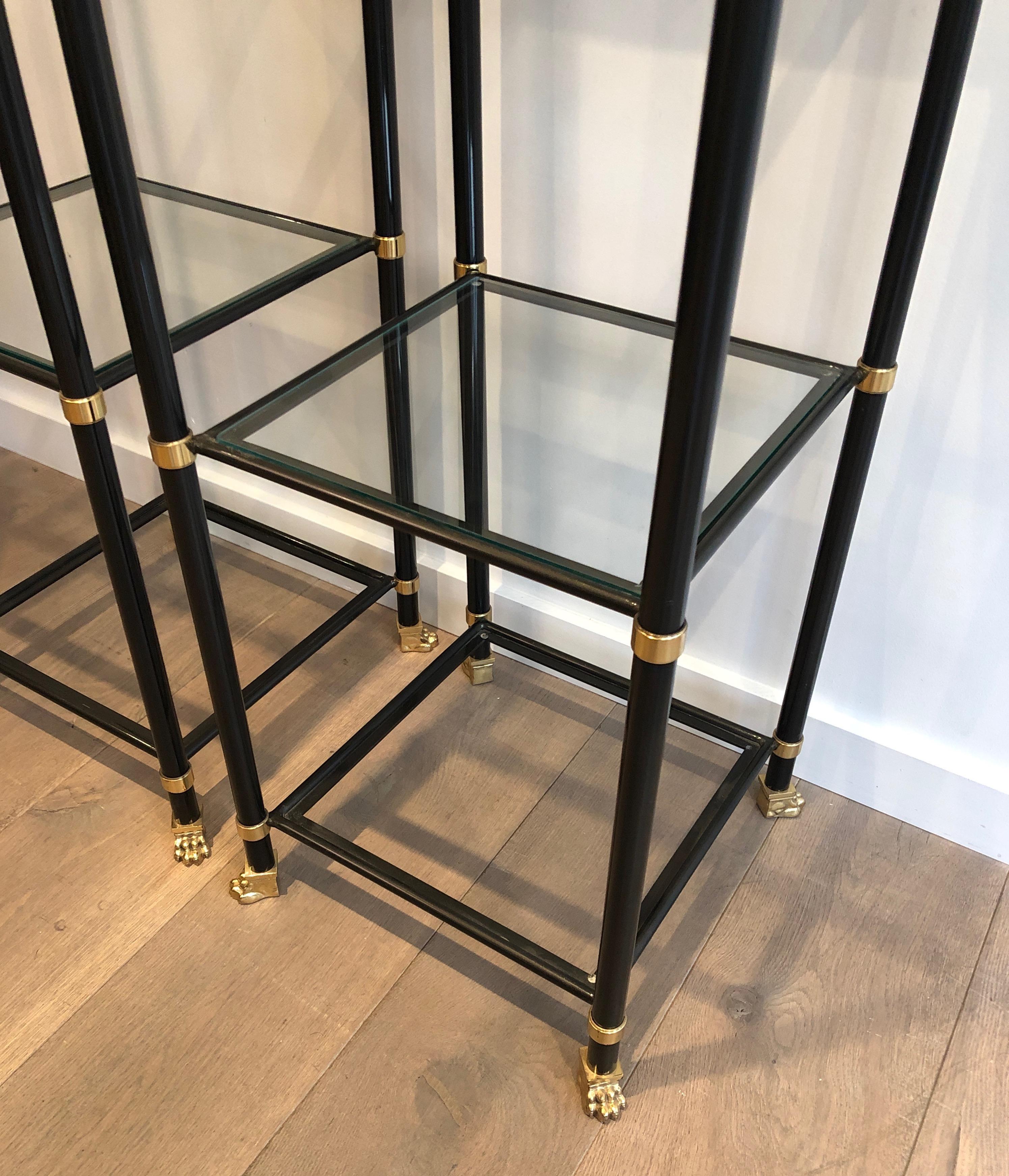 Pair of Shelves in Black Lacquered Metal, Brass, Glass and Bronze with Claw Feet For Sale 7