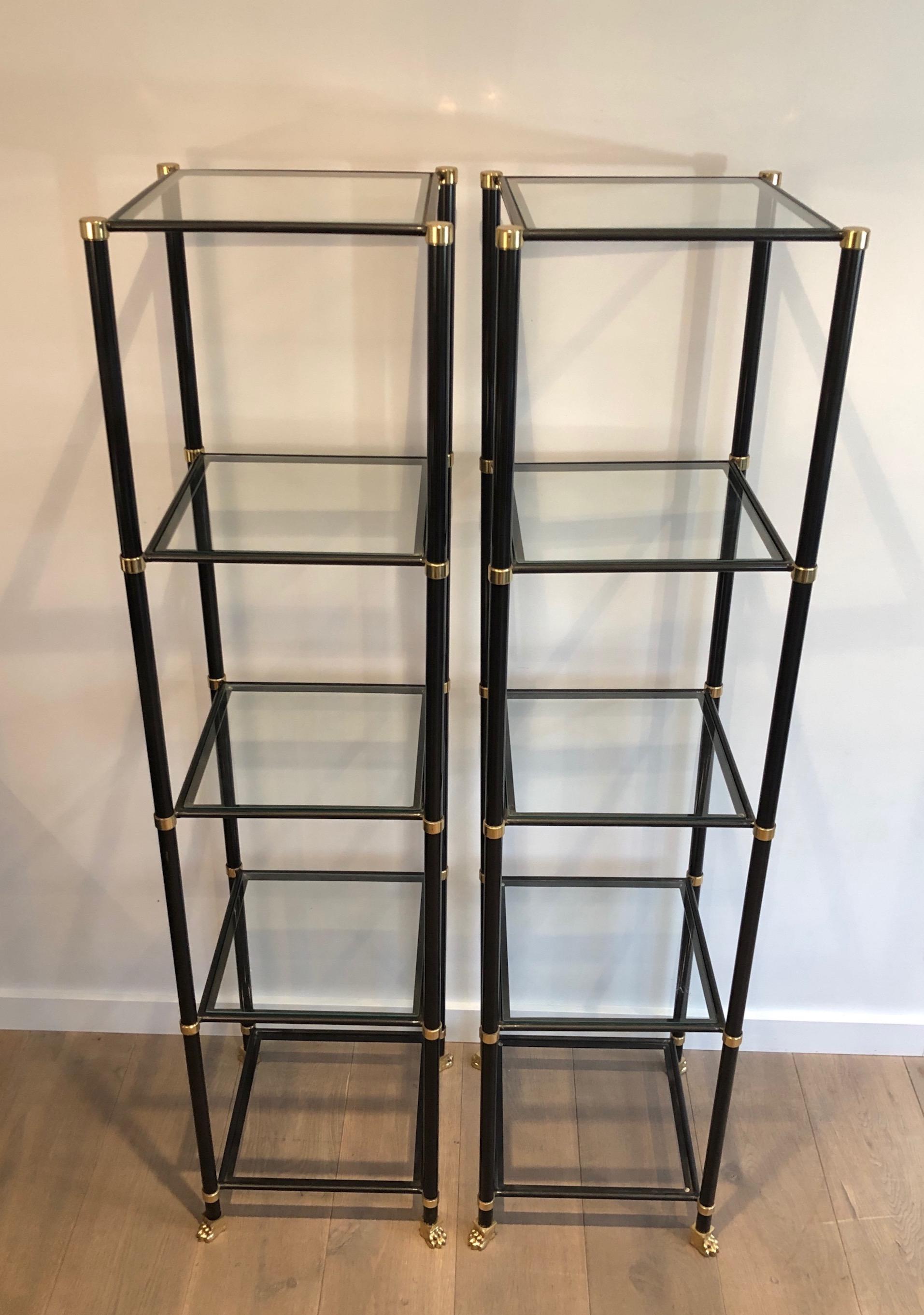 Pair of Shelves in Black Lacquered Metal, Brass, Glass and Bronze with Claw Feet For Sale 12