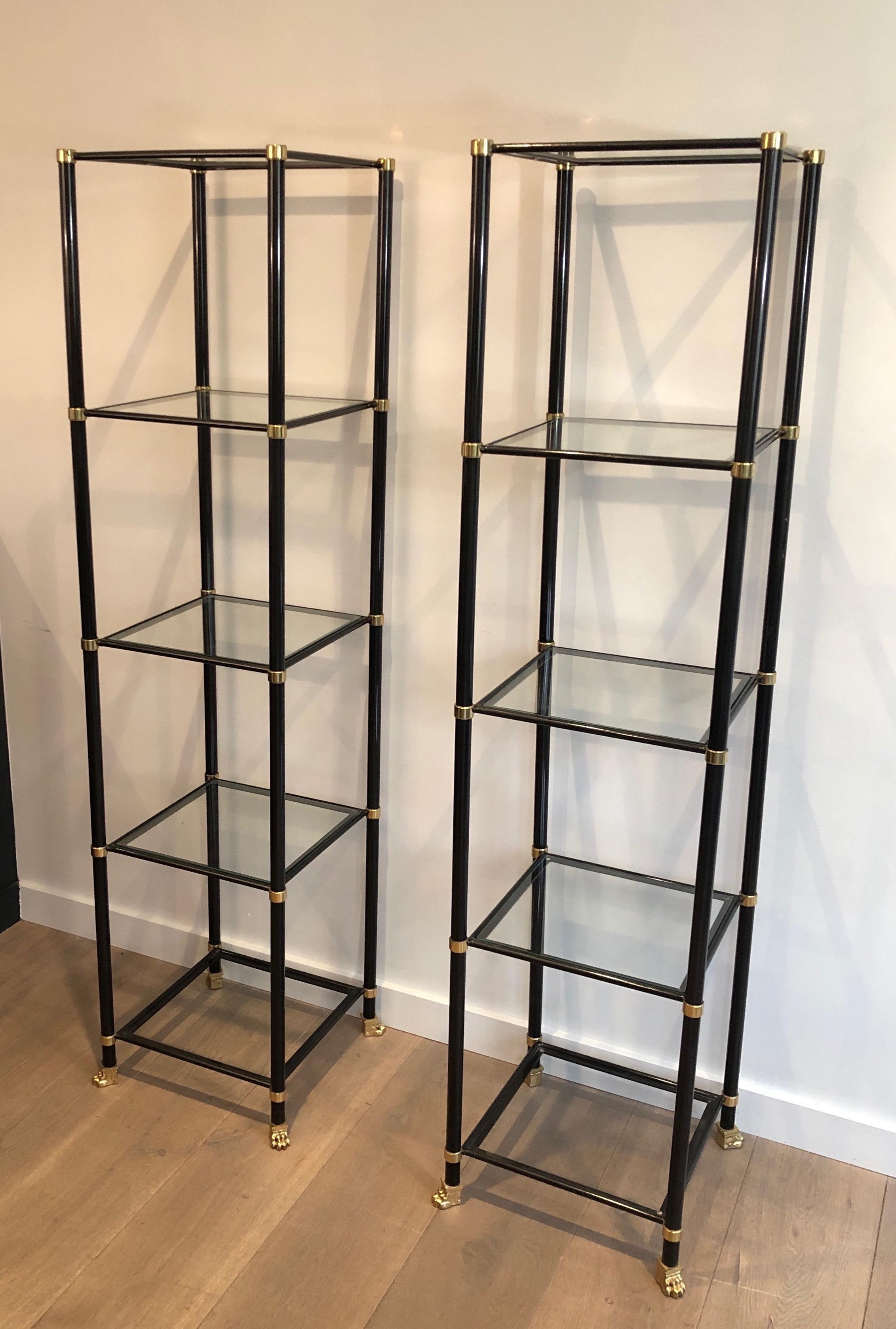 Pair of Shelves in Black Lacquered Metal, Brass, Glass and Bronze with Claw Feet For Sale 13