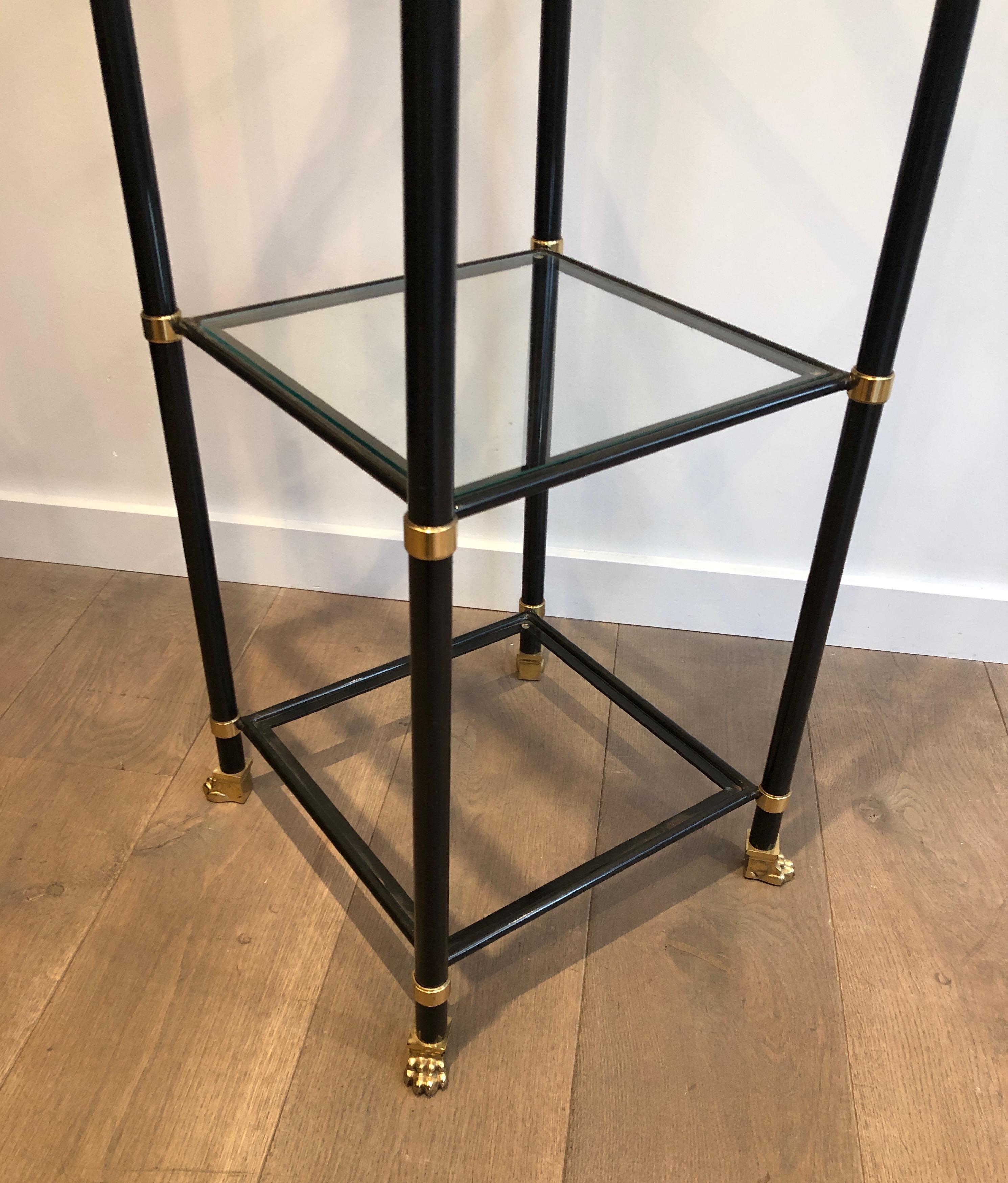 Pair of Shelves in Black Lacquered Metal, Brass, Glass and Bronze with Claw Feet For Sale 1