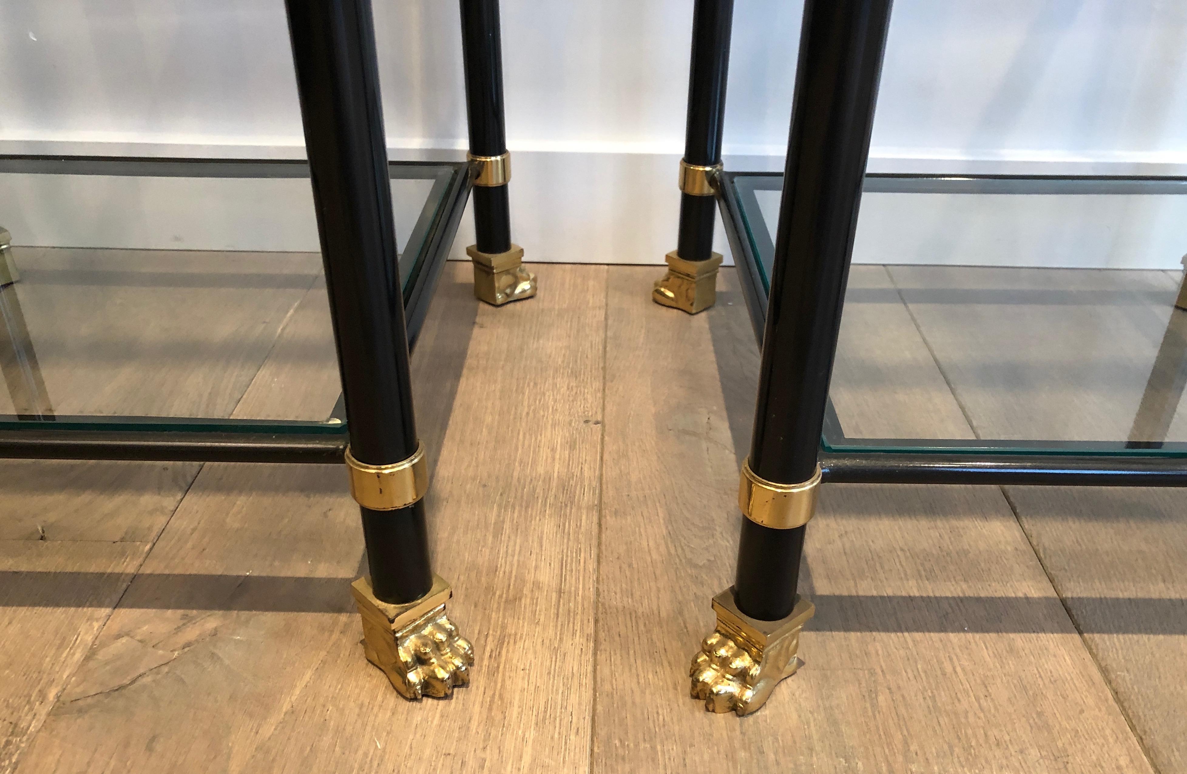 Pair of Shelves in Black Lacquered Metal, Brass, Glass and Bronze with Claw Feet For Sale 2