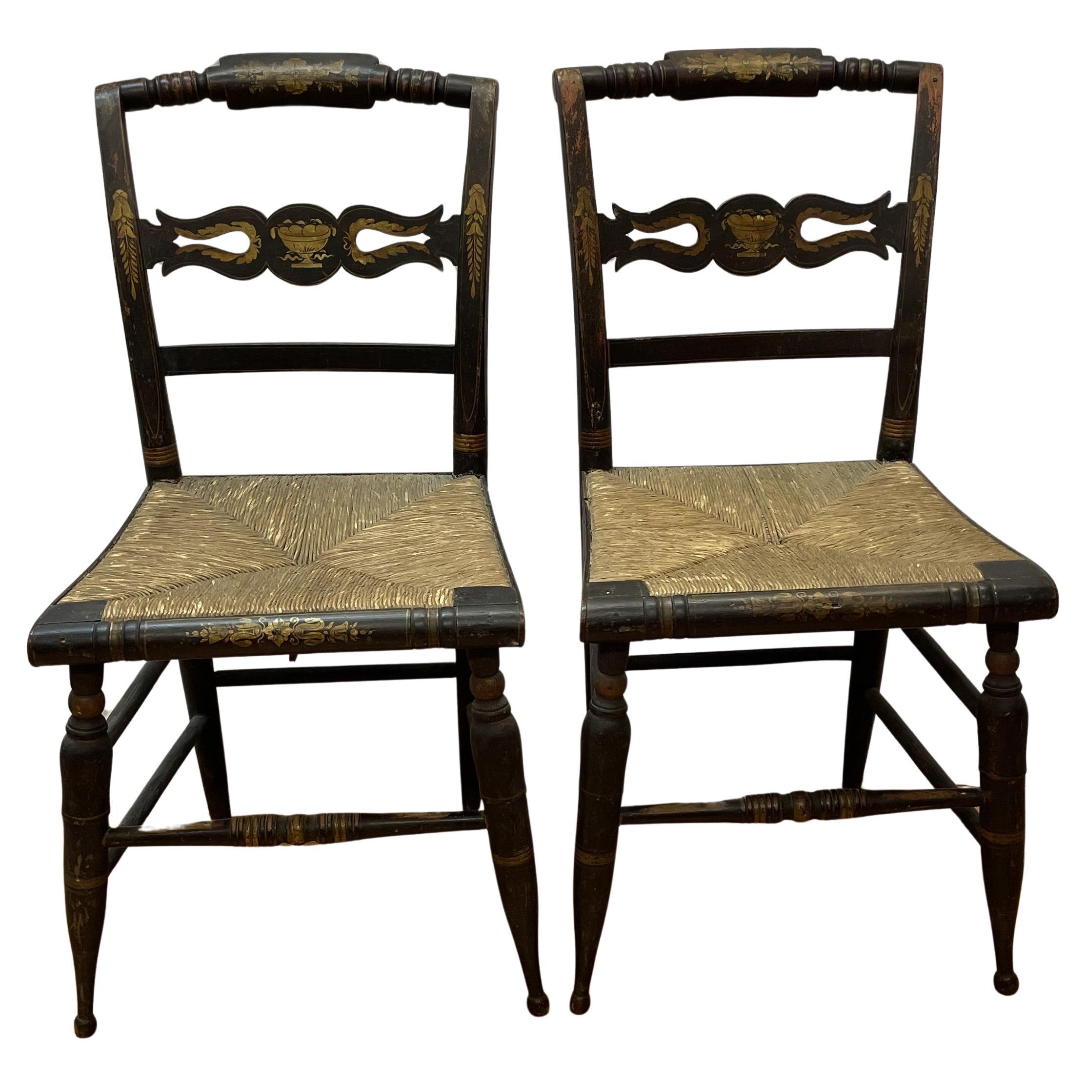 Pair of Sheraton fancy early 19th century hitchcock chains with rush seats For Sale