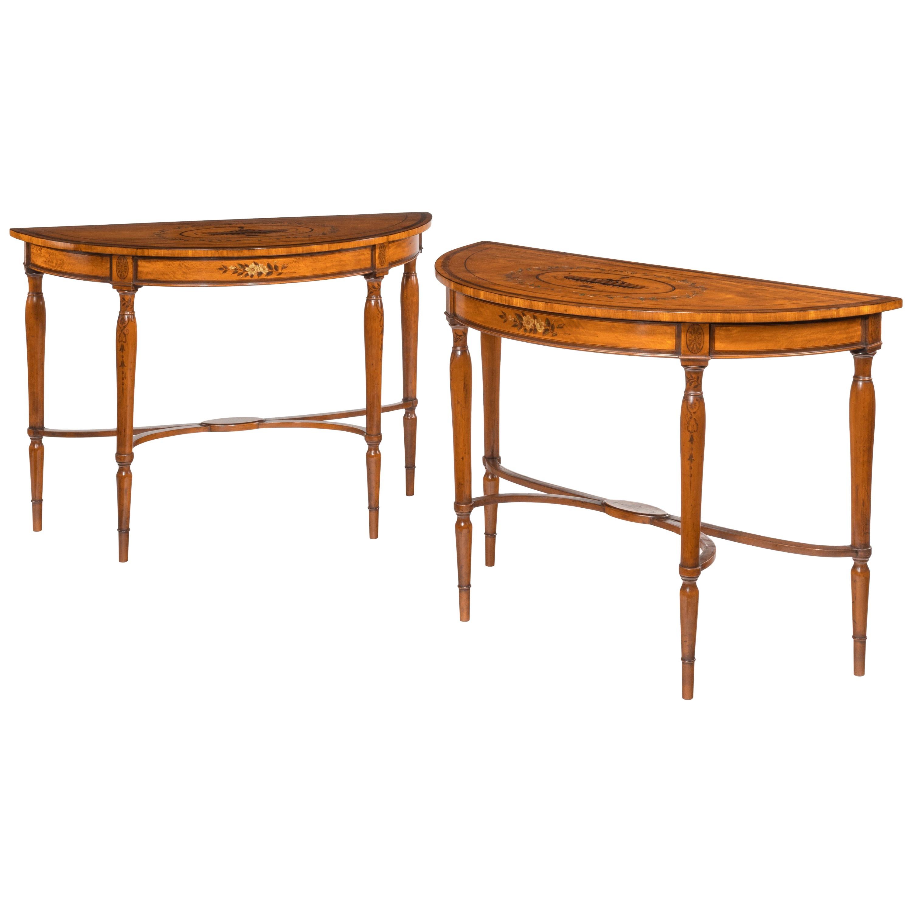 Pair of Sheraton Period West Indian Satinwood Demi Lune Console Tables