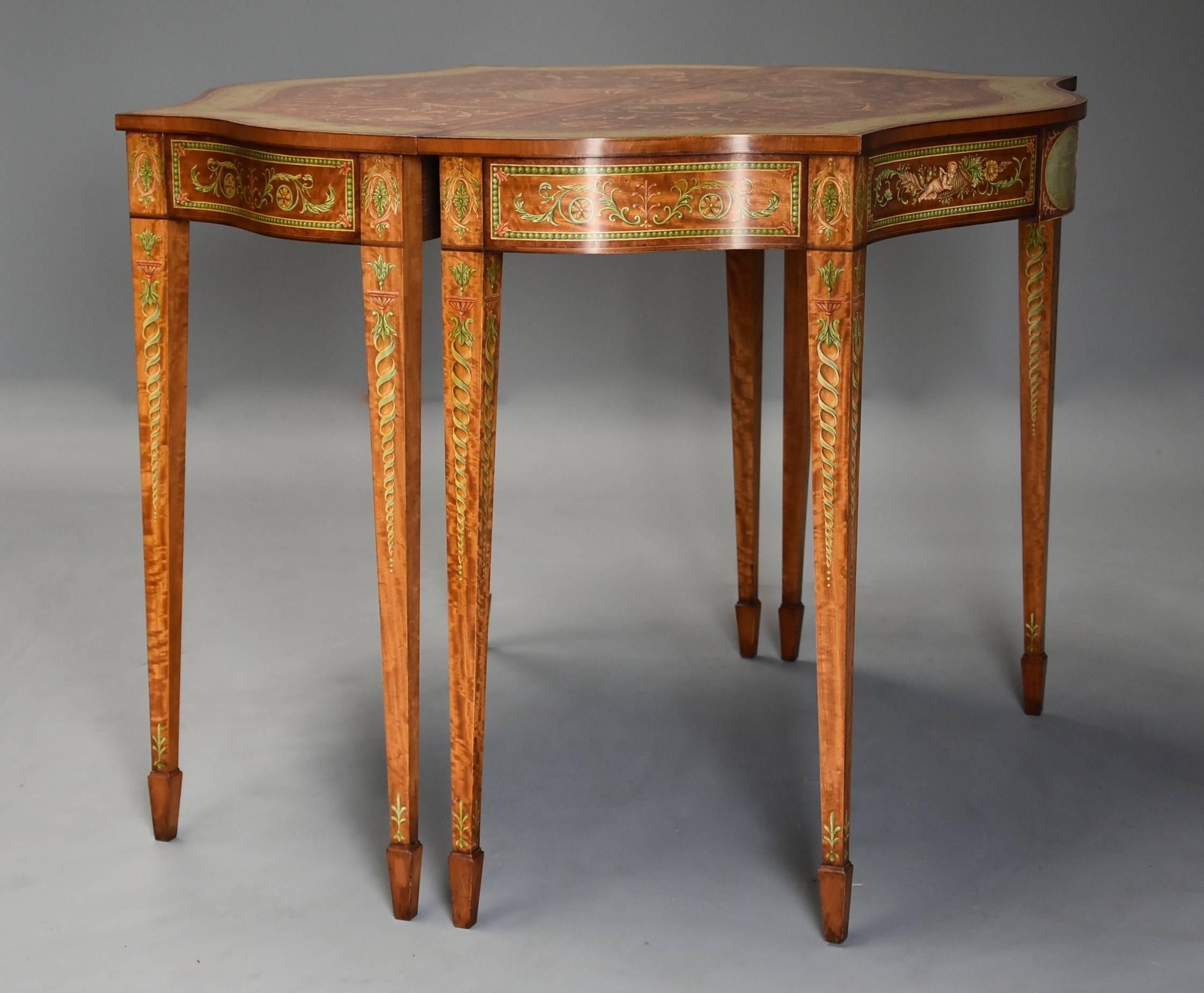 English Pair of Sheraton Revival Satinwood and Painted Serpentine Shaped Console Tables For Sale
