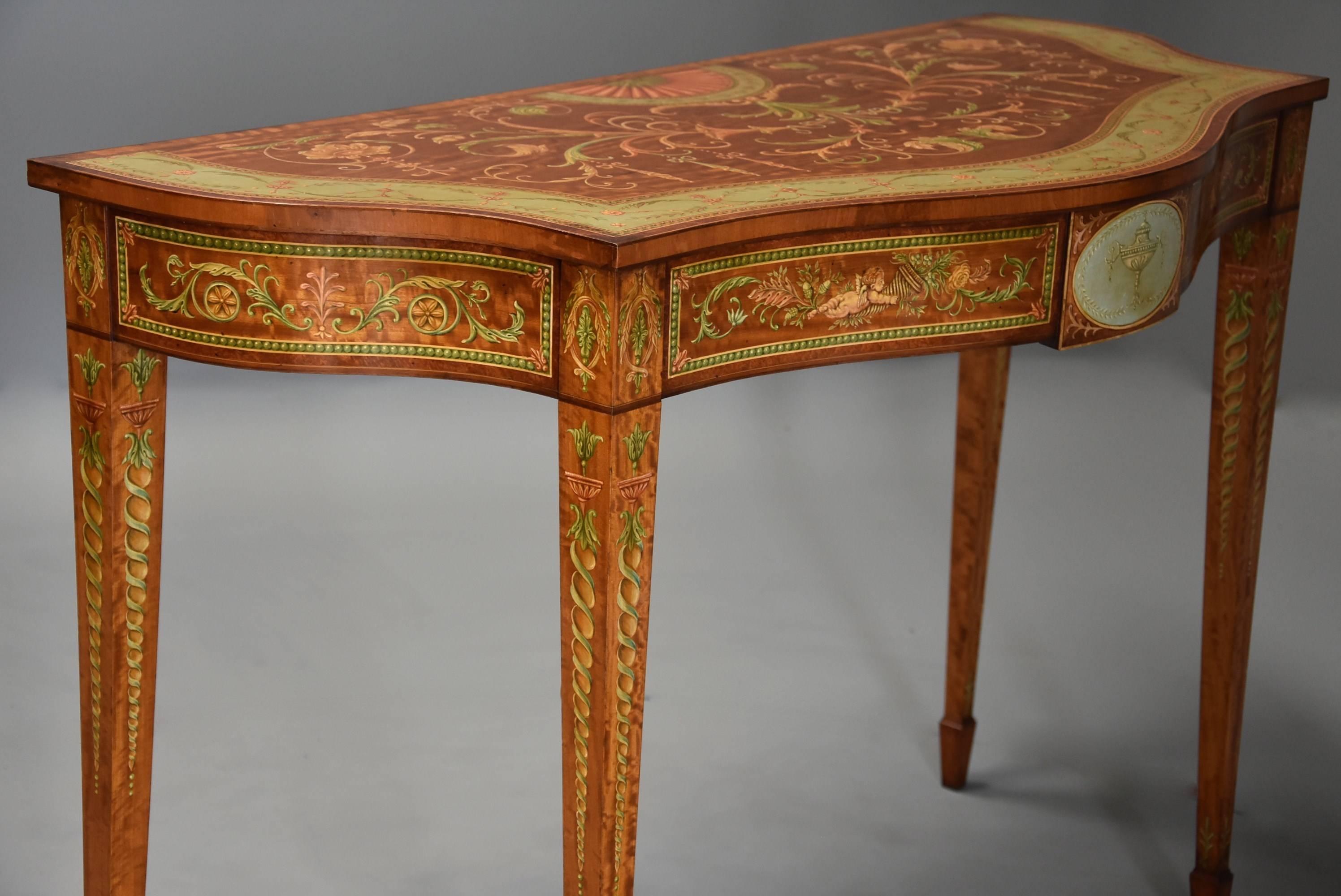 Pair of Sheraton Revival Satinwood and Painted Serpentine Shaped Console Tables In Good Condition For Sale In Suffolk, GB