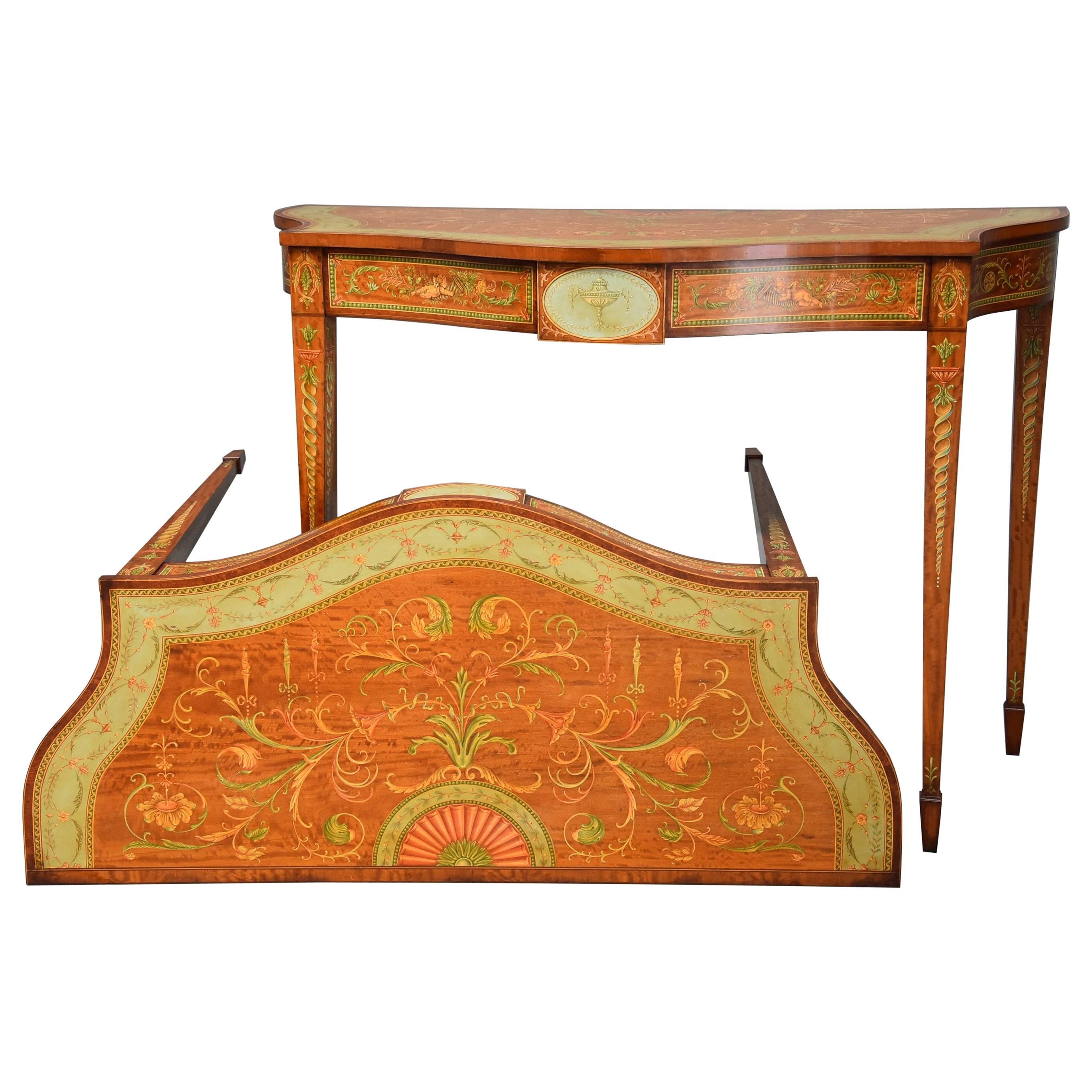 Pair of Sheraton Revival Satinwood and Painted Serpentine Shaped Console Tables For Sale