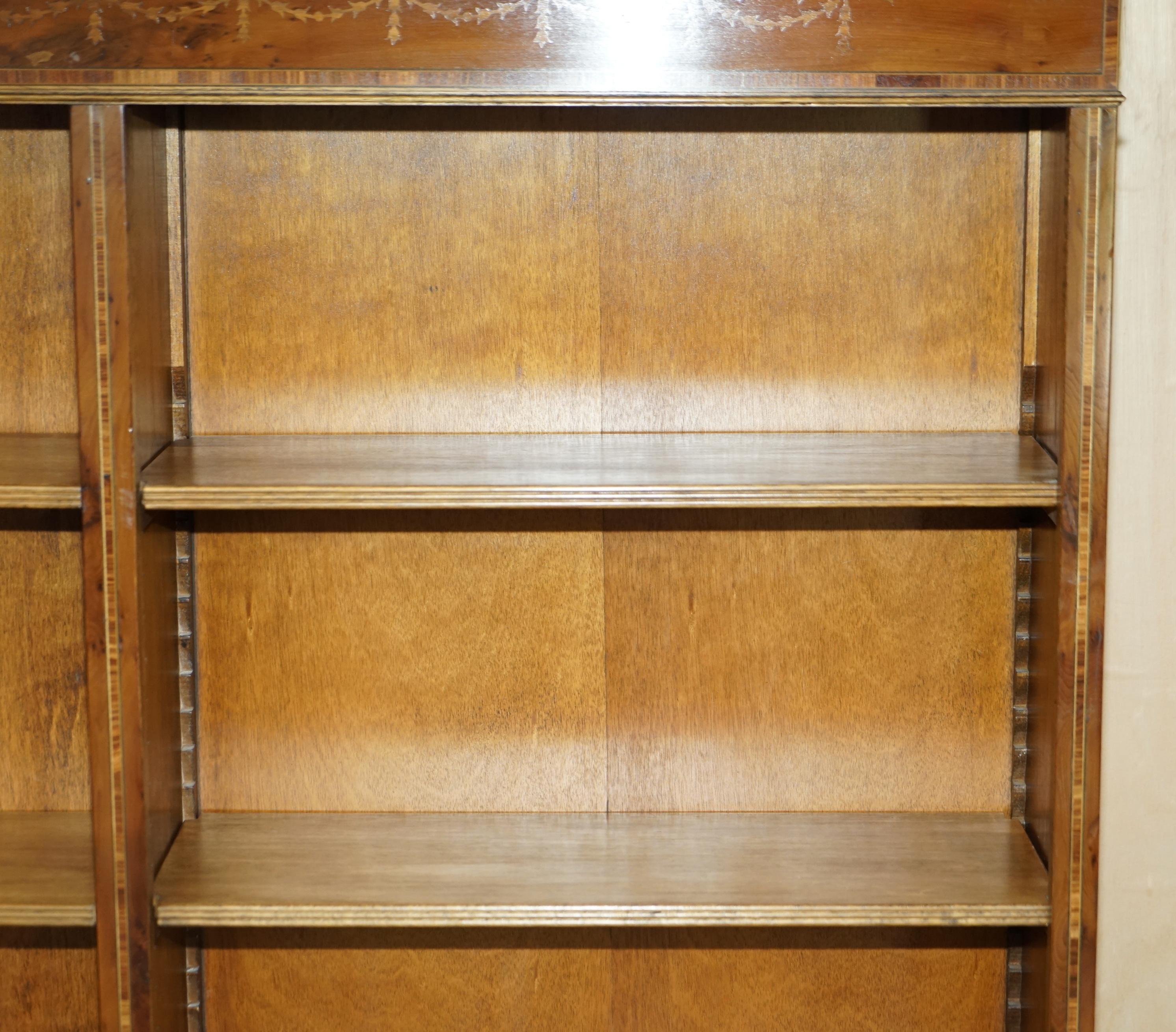 Pair of Sheraton Revival Satinwood, Burr Walnut & Yew Wood Library Bookcases For Sale 8