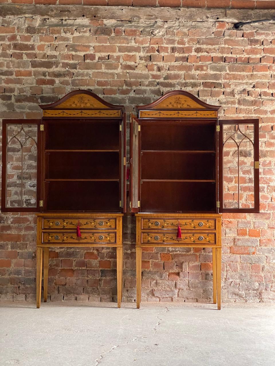 Pair of Sheraton Revival Style Display Cabinets Bookcases Satinwood, Circa 1998 For Sale 6