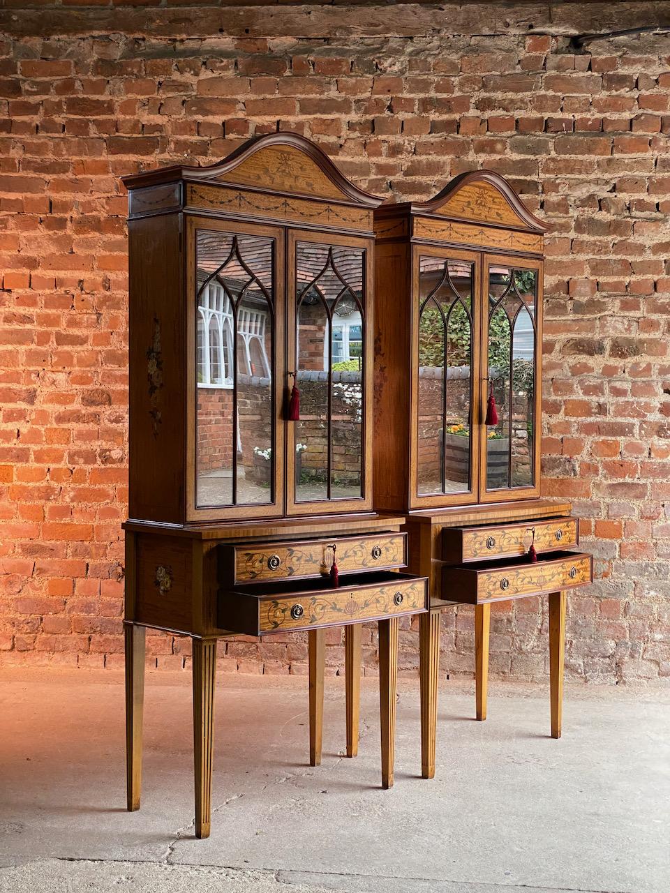 Pair of Sheraton Revival Style Display Cabinets Bookcases Satinwood, Circa 1998 For Sale 11