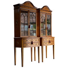 Vintage Pair of Sheraton Revival Style Display Cabinets Bookcases Satinwood, Circa 1998
