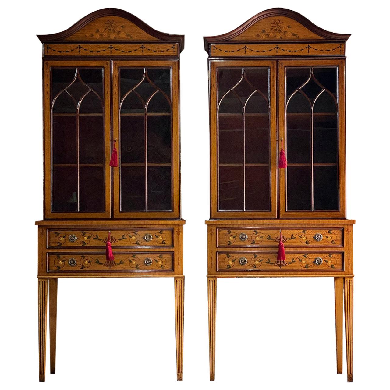 Pair of Sheraton Revival Style Display Cabinets Bookcases Satinwood, Circa 1998 For Sale