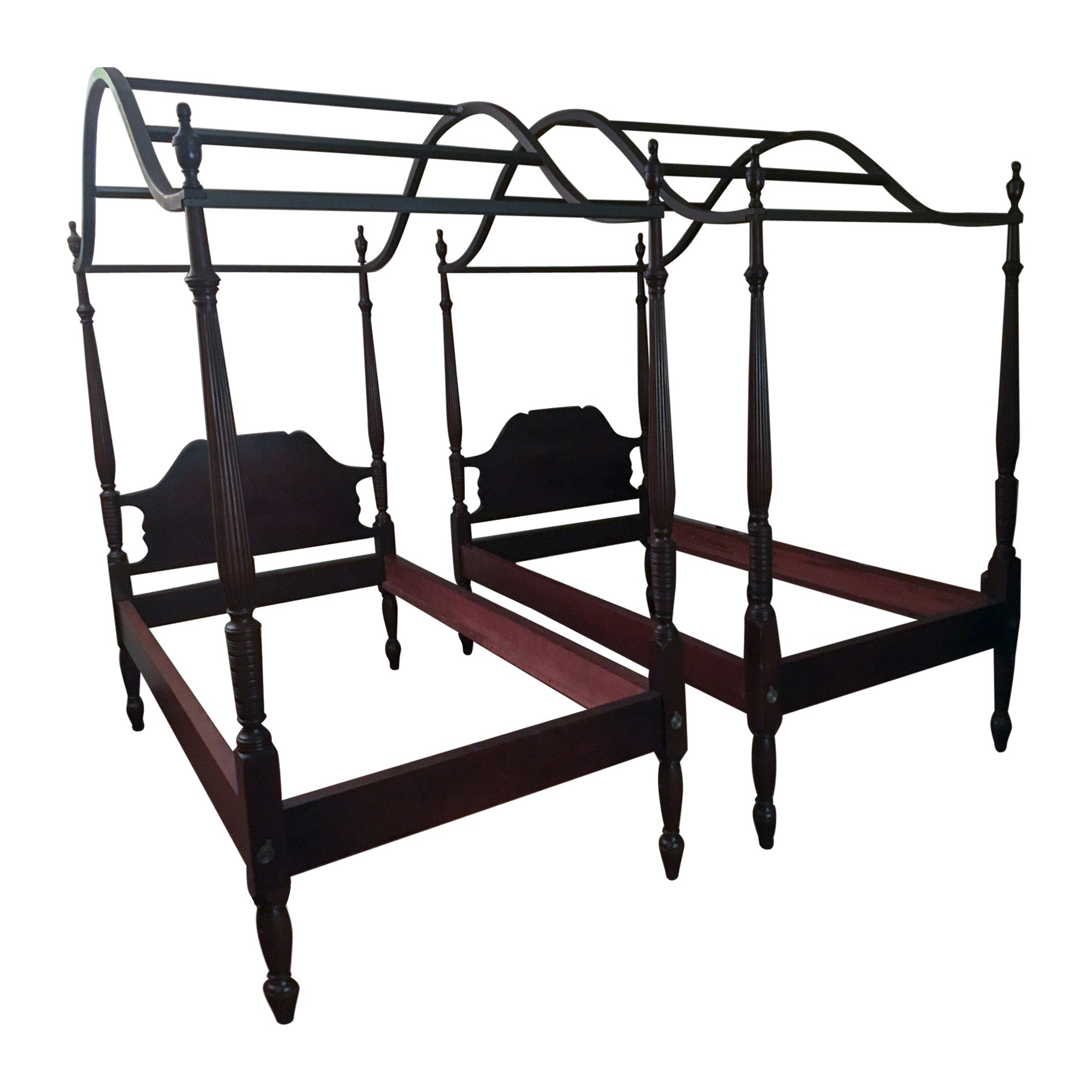 Pair of Sheraton Style High Poster Mahogany Canopy Twin Tester Beds