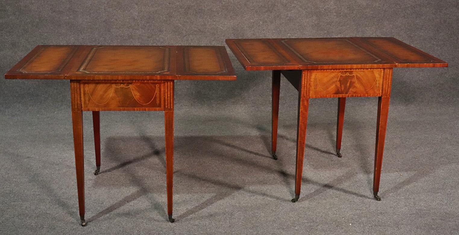 Pair of Sheraton Style Inlaid Mahogany Leather Top Pembroke Tables 5