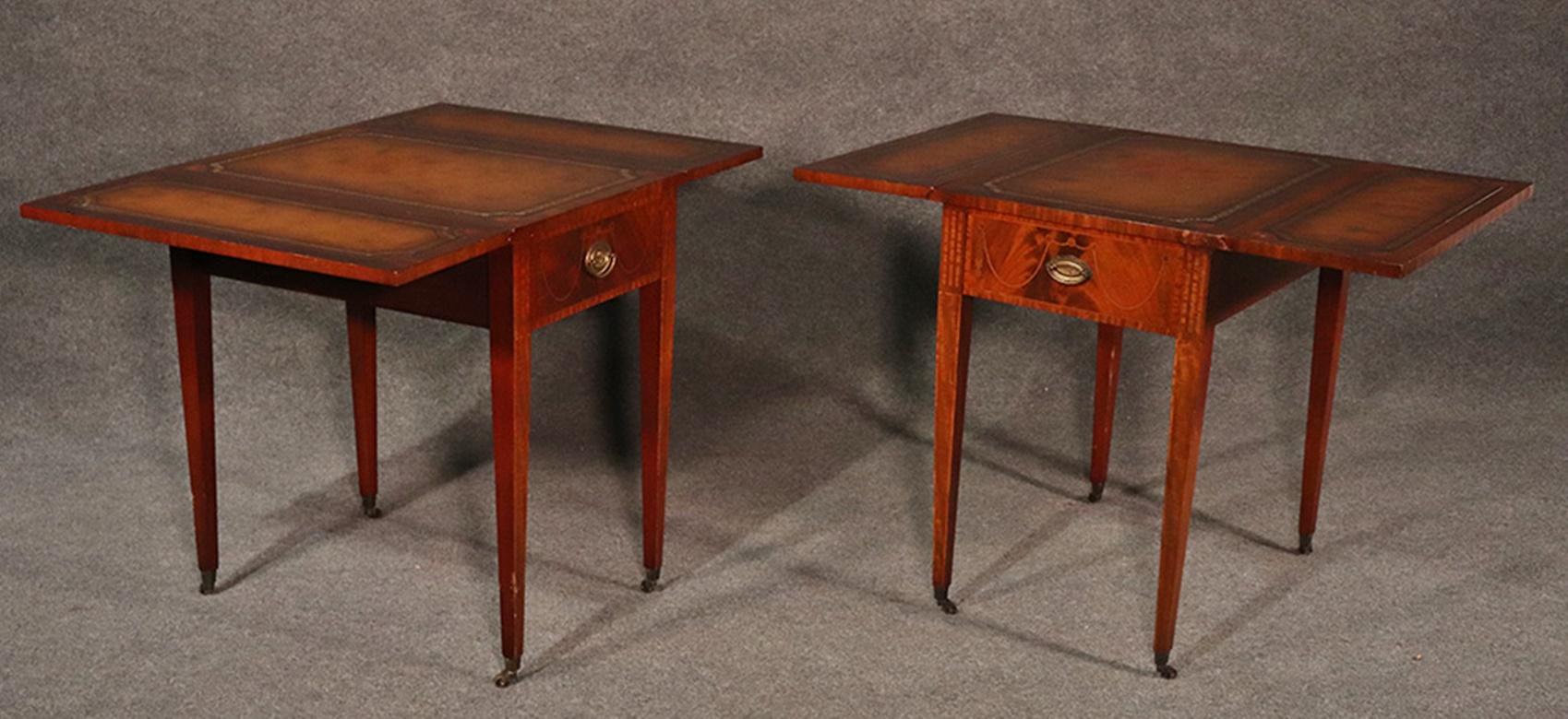 Pair of Sheraton Style Inlaid Mahogany Leather Top Pembroke Tables 2