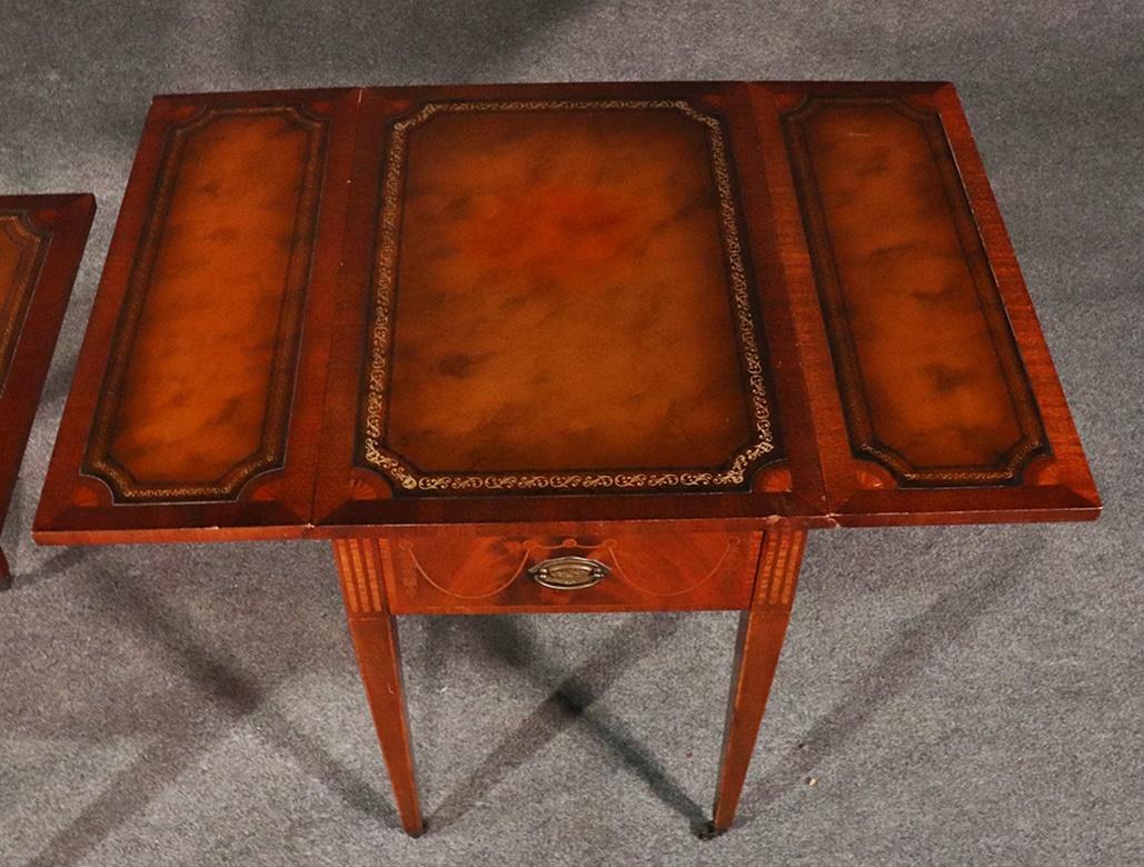Pair of Sheraton Style Inlaid Mahogany Leather Top Pembroke Tables 3