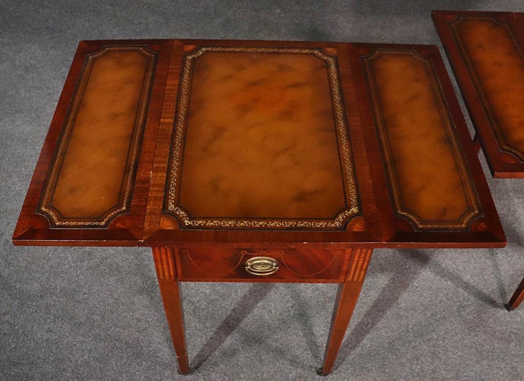 Pair of Sheraton Style Inlaid Mahogany Leather Top Pembroke Tables 4