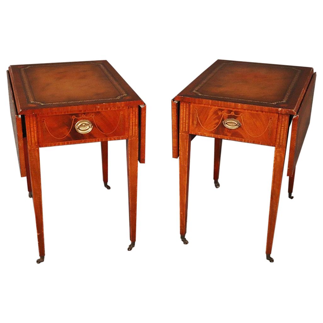 Pair of Sheraton Style Inlaid Mahogany Leather Top Pembroke Tables