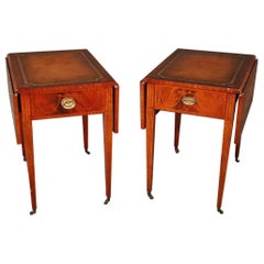 Pair of Sheraton Style Inlaid Mahogany Leather Top Pembroke Tables