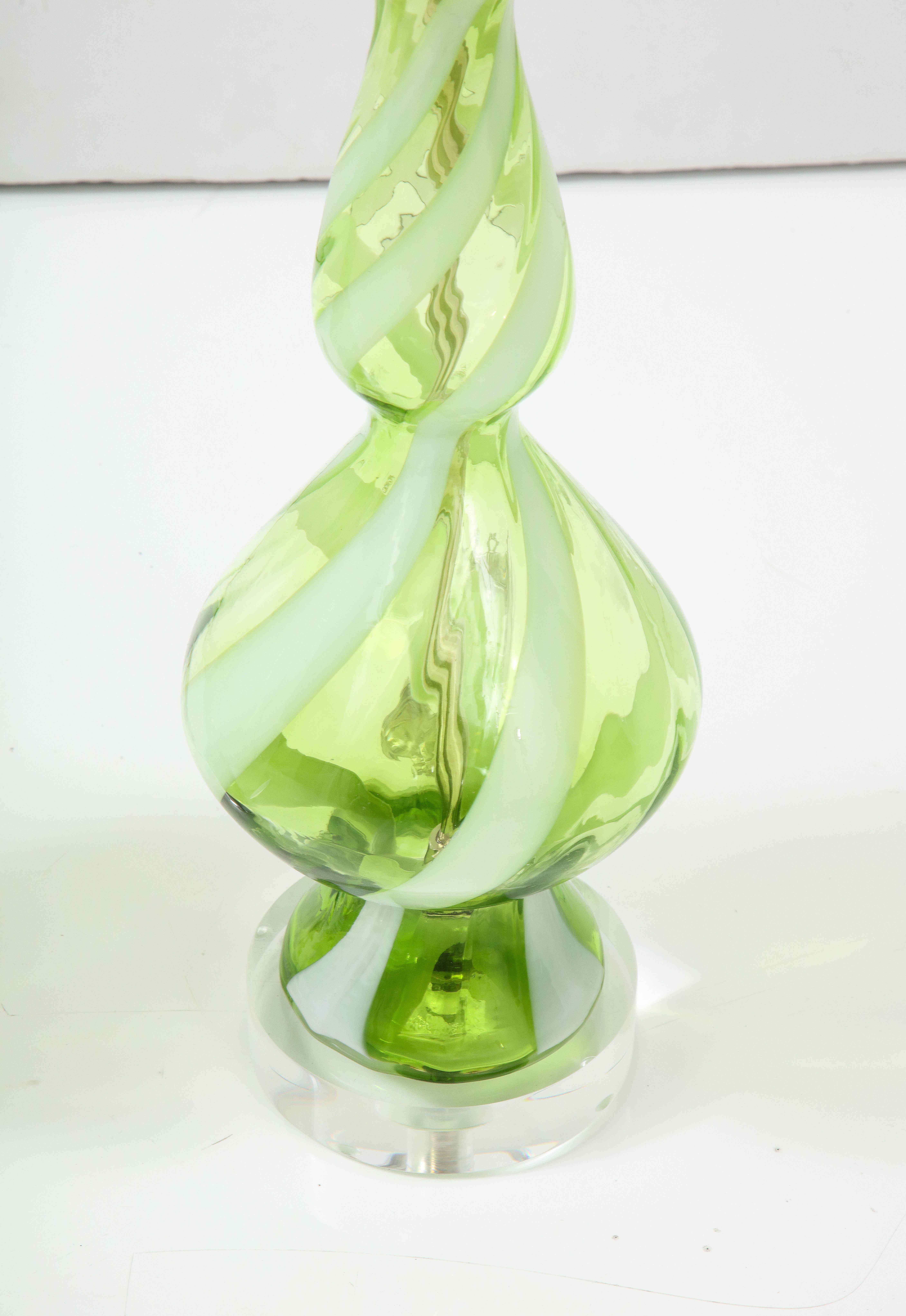 Pair of Sherbet Green Murano Glass Lamps For Sale 1