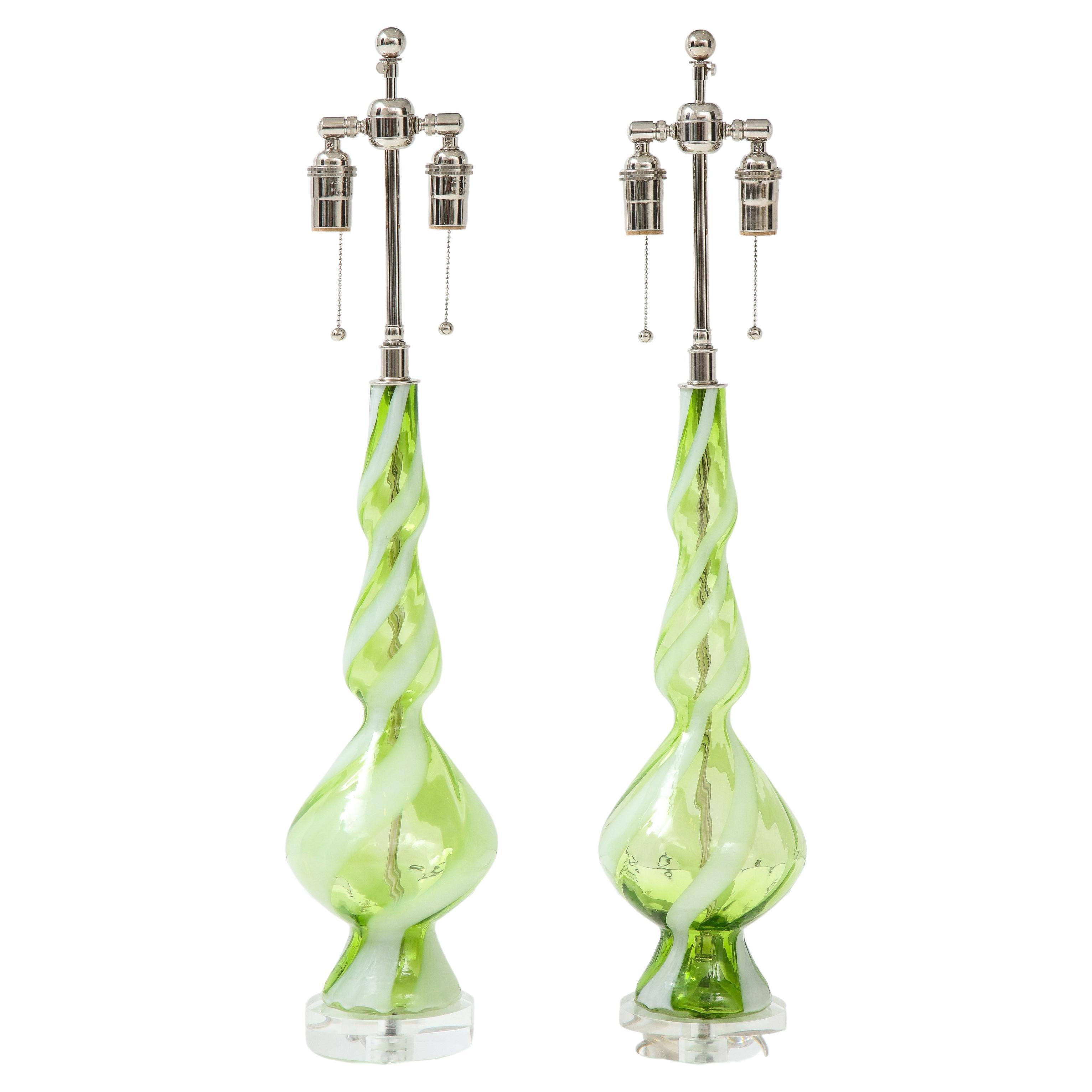 Pair of Sherbet Green Murano Glass Lamps For Sale