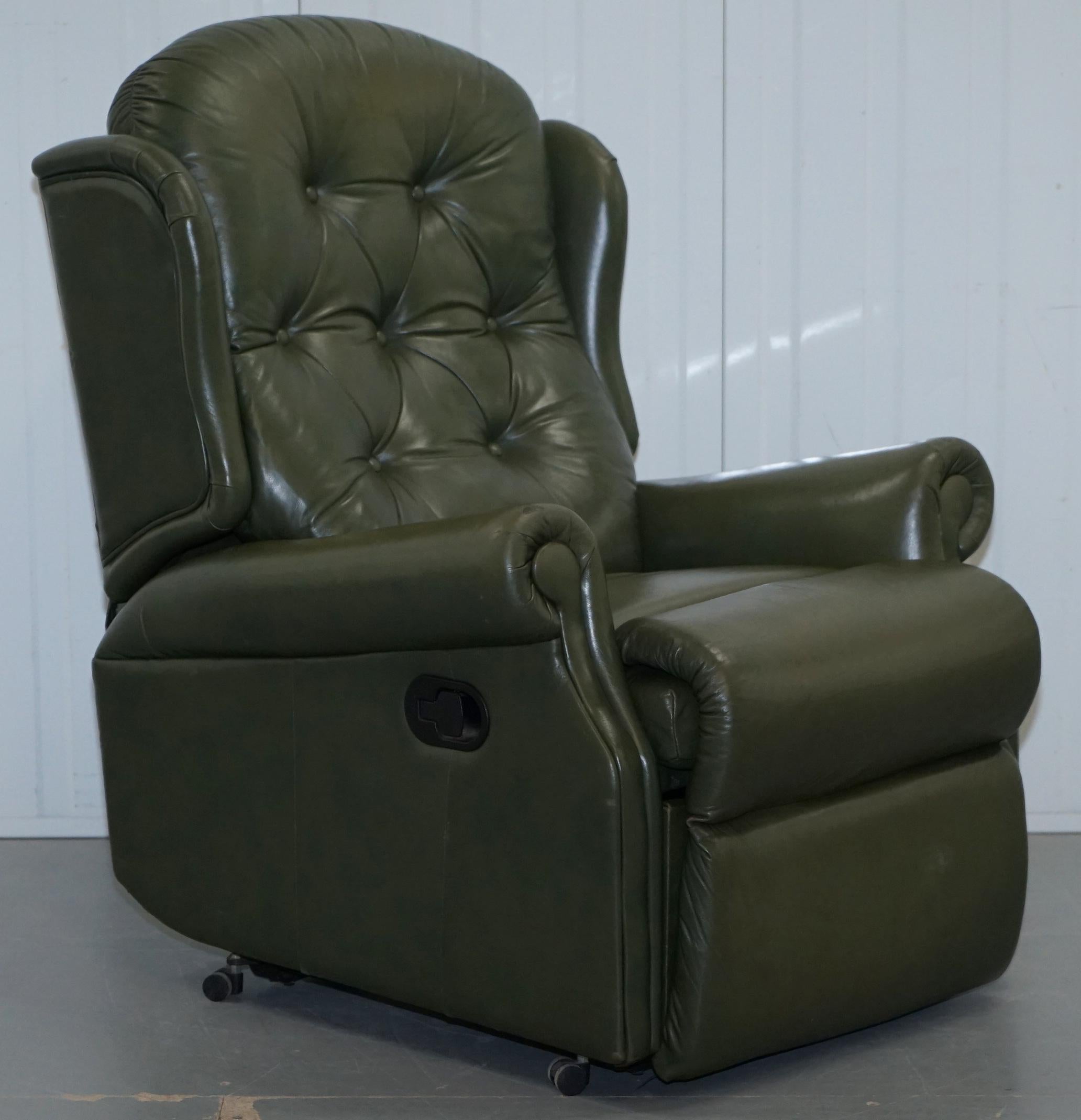 Pair of Sherborne Lynton Upholstery Green Leather Recliner Armchairs 3