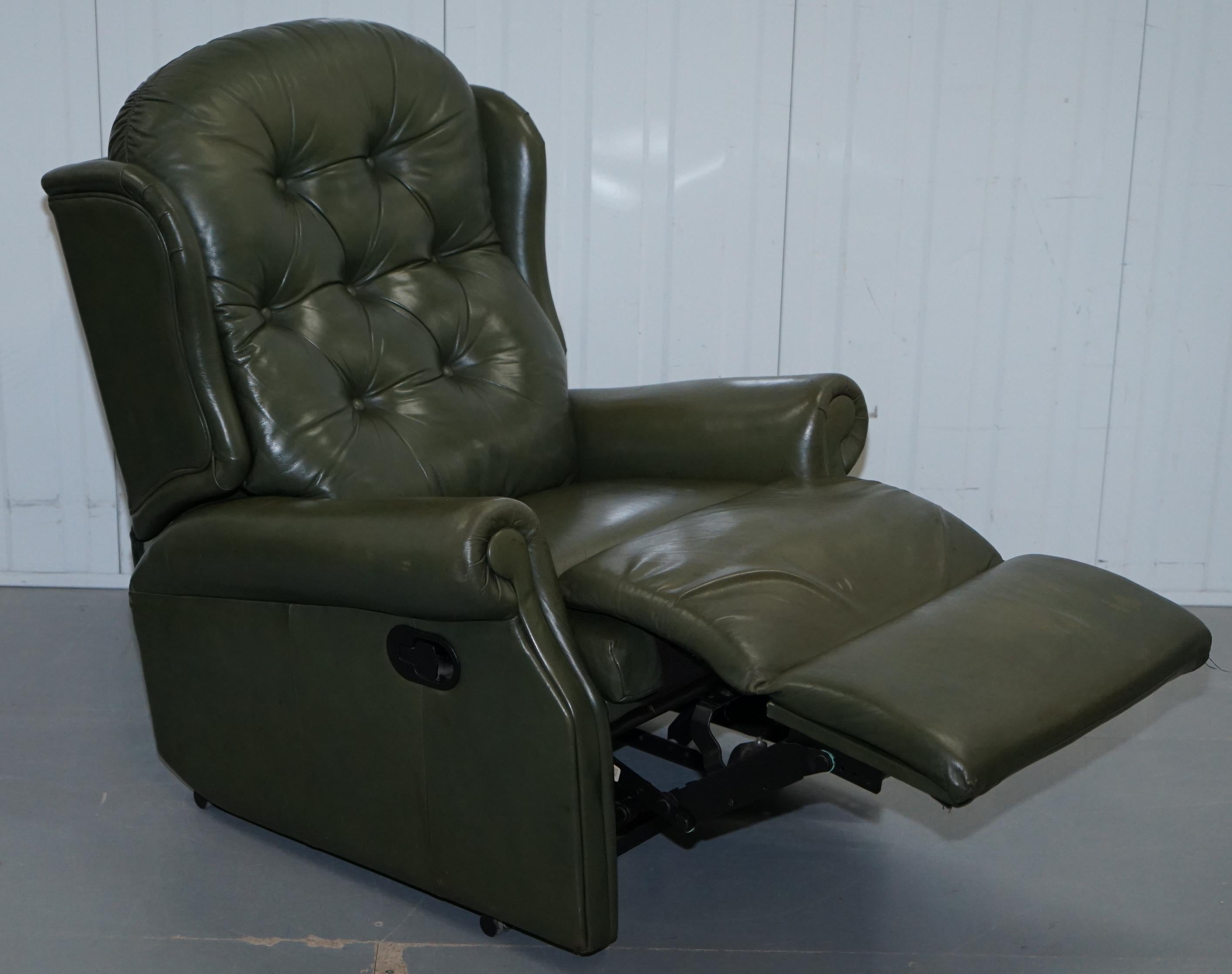 Hand-Crafted Pair of Sherborne Lynton Upholstery Green Leather Recliner Armchairs
