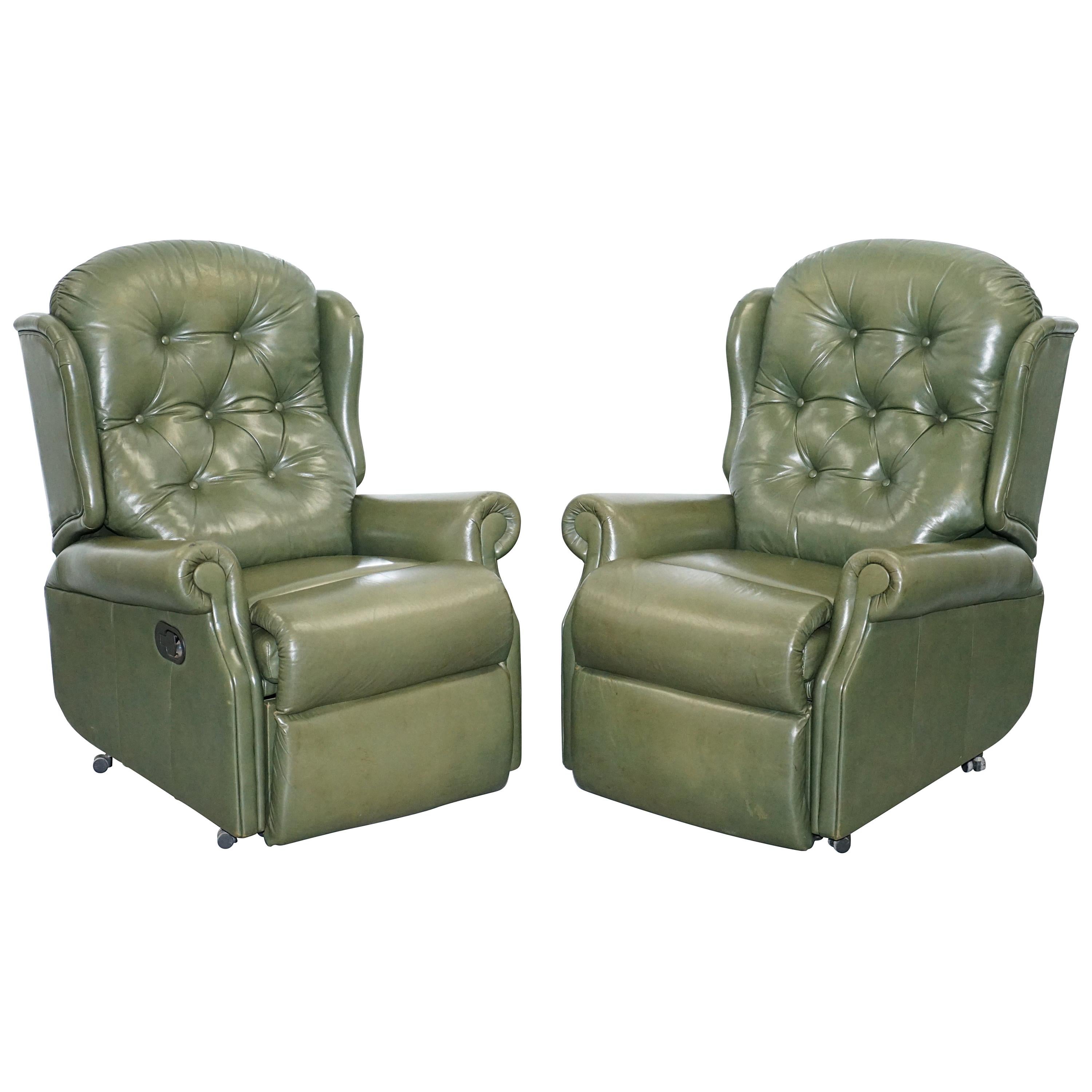 Pair of Sherborne Lynton Upholstery Green Leather Recliner Armchairs