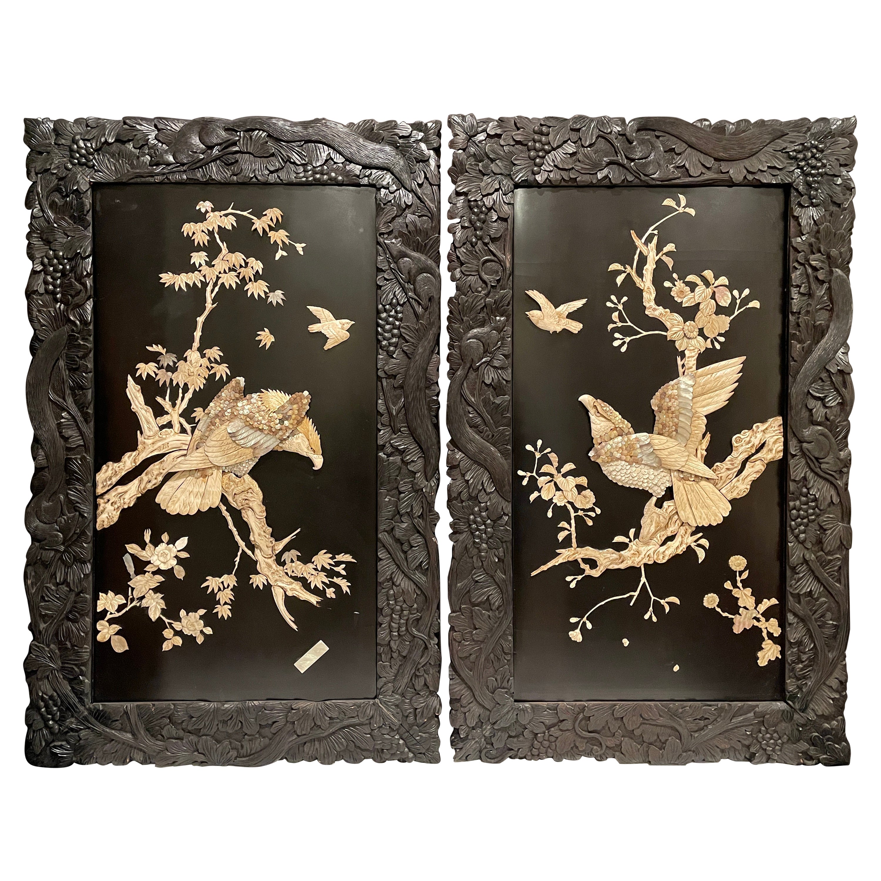 Pair Of Shibayama Carved Figural Panels