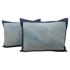 Retro Pair of Shibori Asian Blue and White Decorative Bolster Pillows