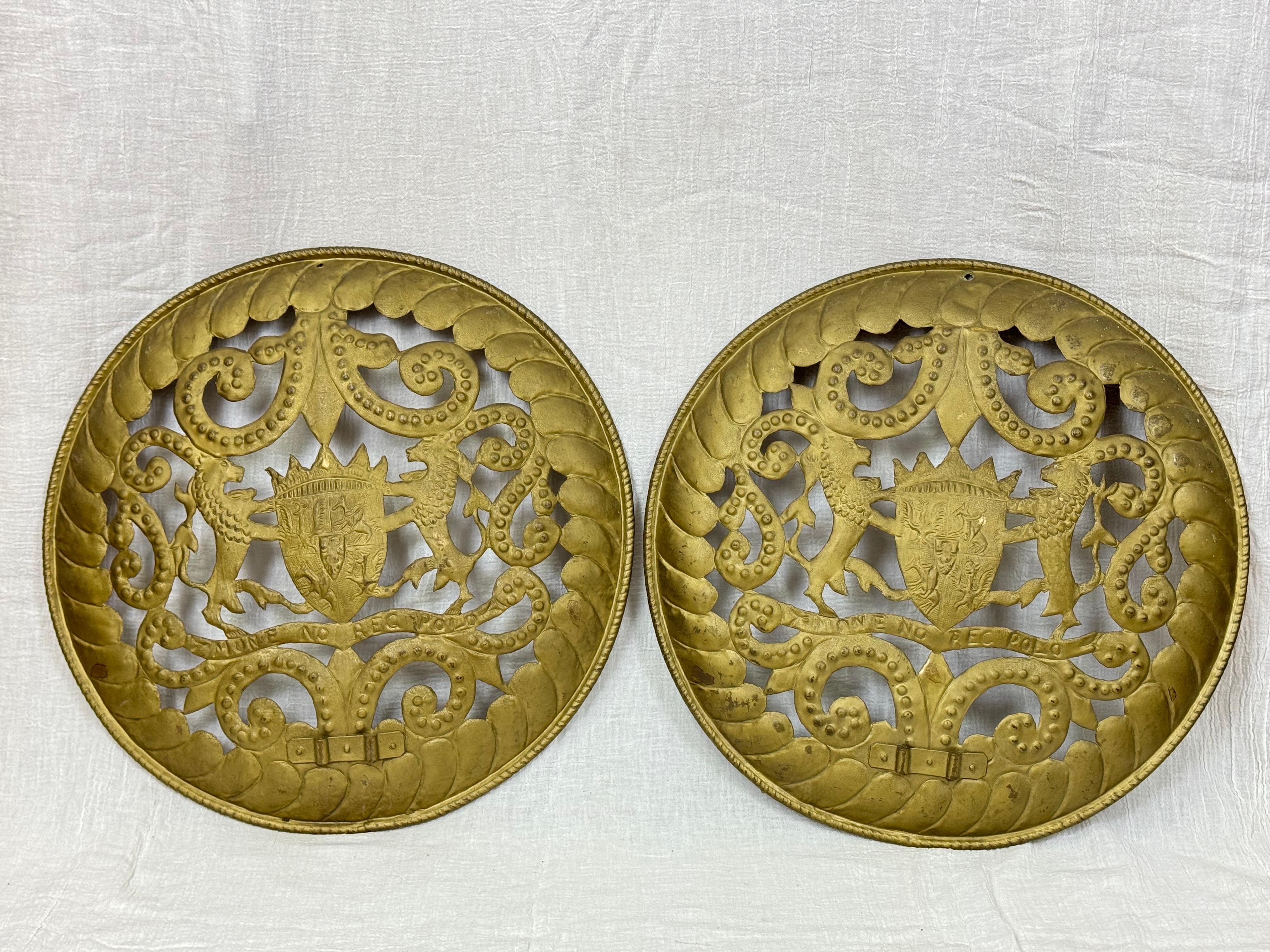 Pair of Shield Form Wall Sconce Bases. Nice large round decorative design. Originally had sconce arms but even gorgeous without them. Classic Regalia design to display an emblem or Royalty. Price is for pair/set of 2