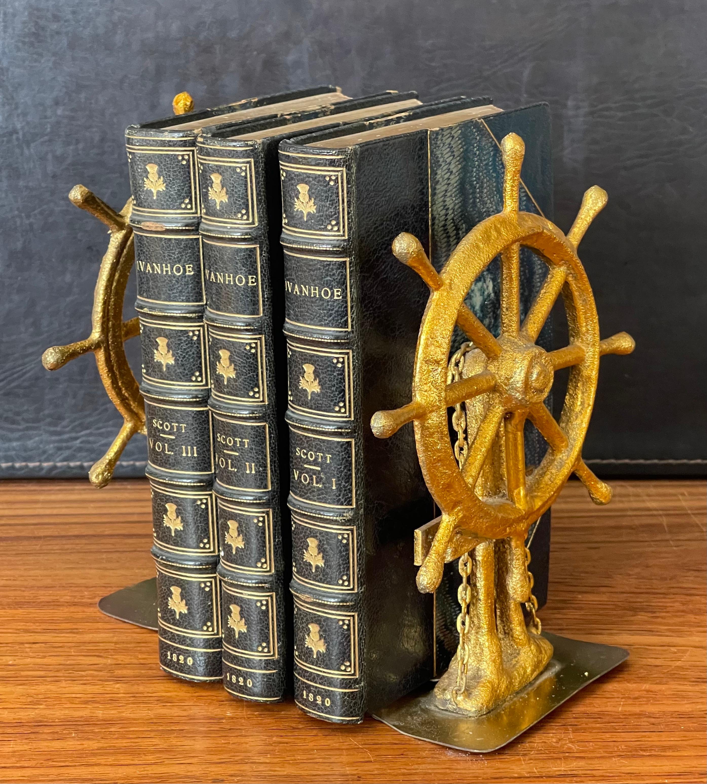 Pair of Ship Wheel Bookends in Gold Leaf Finish by Curtis Jere for Artisan House 3