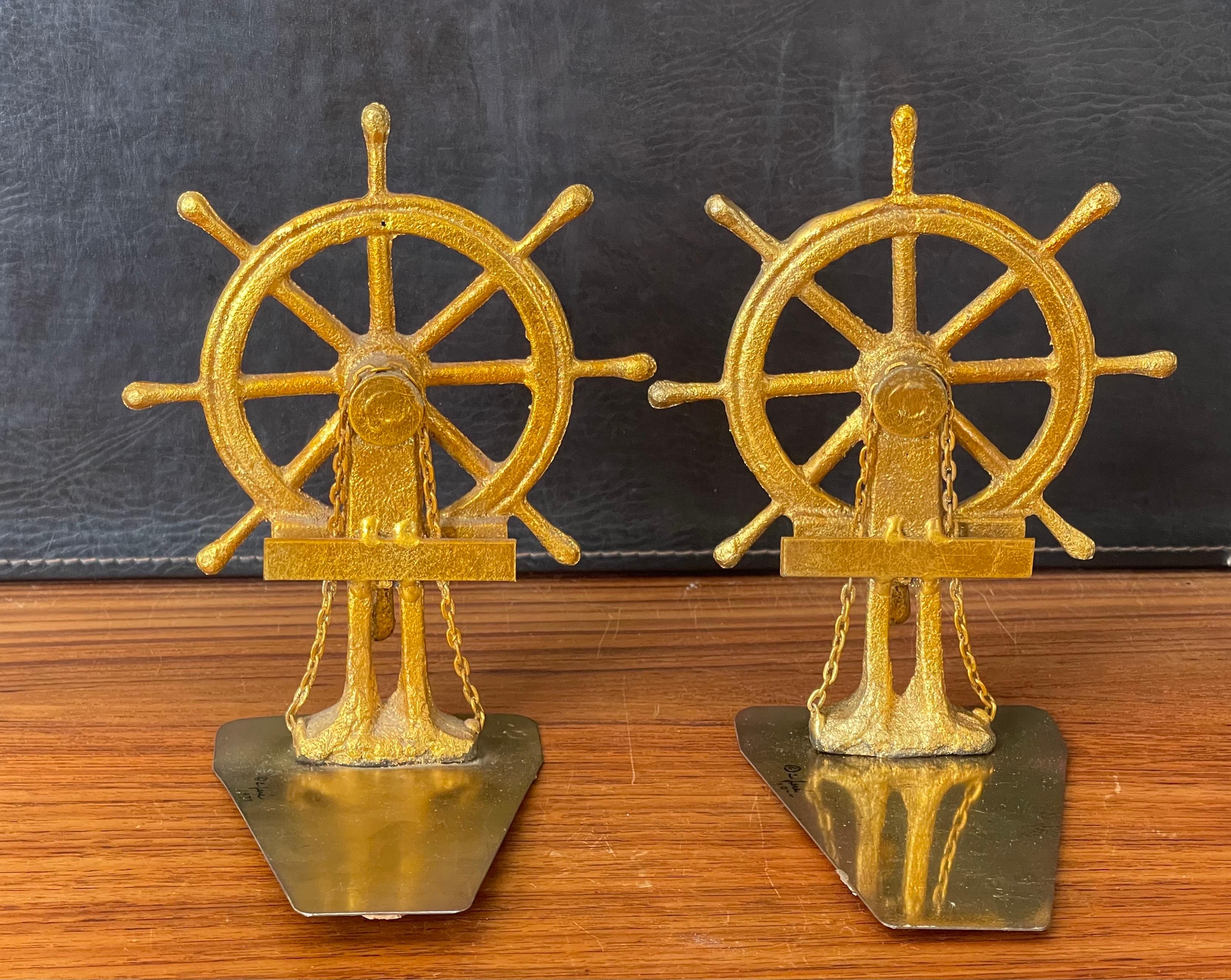 20th Century Pair of Ship Wheel Bookends in Gold Leaf Finish by Curtis Jere for Artisan House