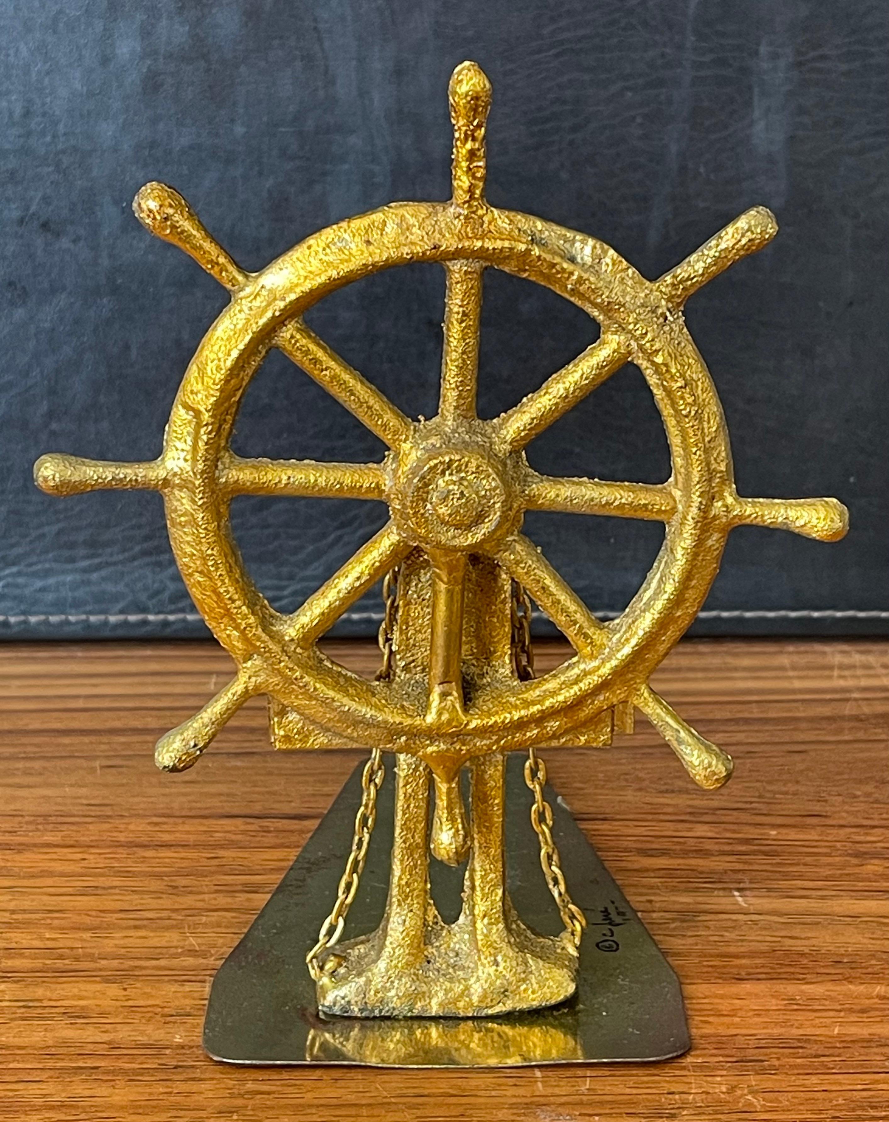 Pair of Ship Wheel Bookends in Gold Leaf Finish by Curtis Jere for Artisan House 1