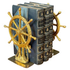 Pair of Ship Wheel Bookends in Gold Leaf Finish by Curtis Jere for Artisan House