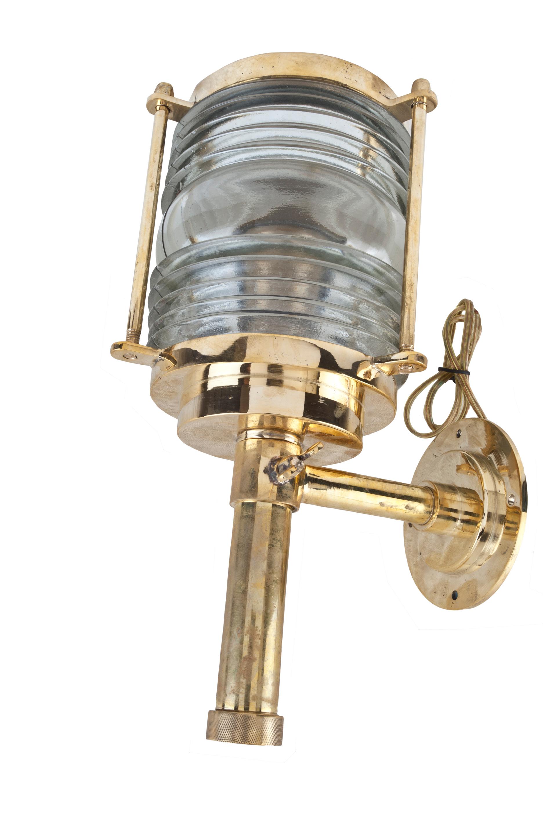 20th Century Pair of Ship's Brass Passageway Lights with Fresnel Lens, Midcentury