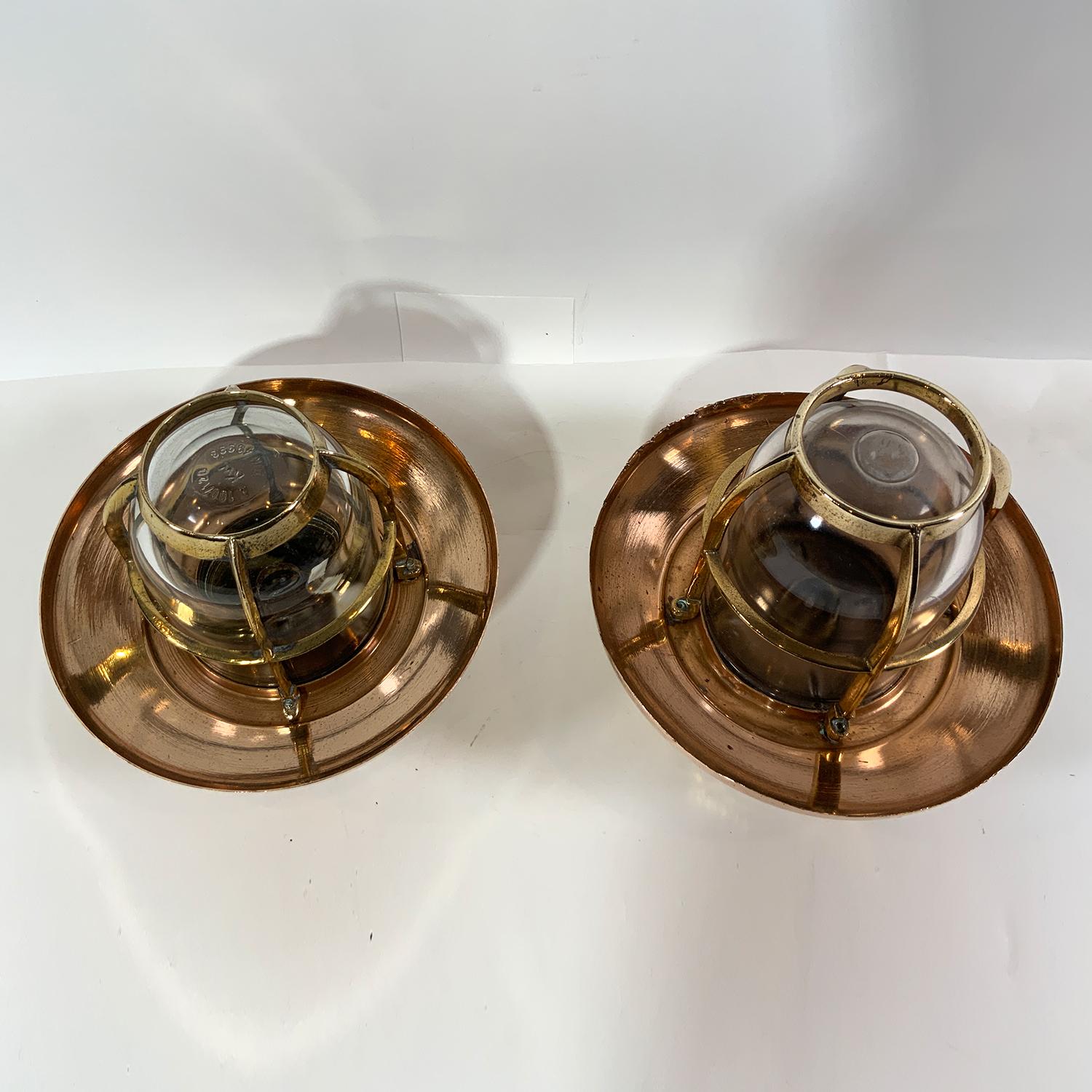 Polished Pair of Ships Copper Cargo Light Fixtures