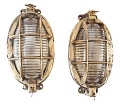 Pair of Ship's Nautical Brass Passageway Lights with Fresnel Lens Glass Shades