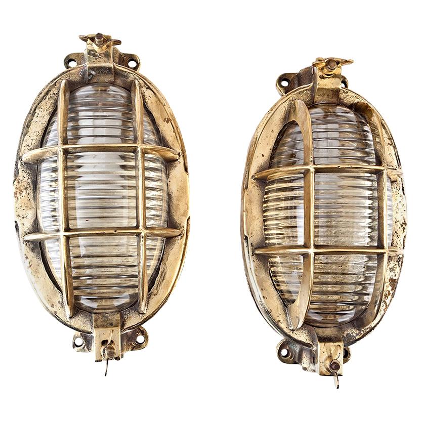 Pair of Ship's Nautical Brass Passageway Lights with Fresnel Lens Glass Shades