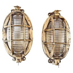 Retro Pair of Ship's Nautical Brass Passageway Lights with Fresnel Lens Glass Shades