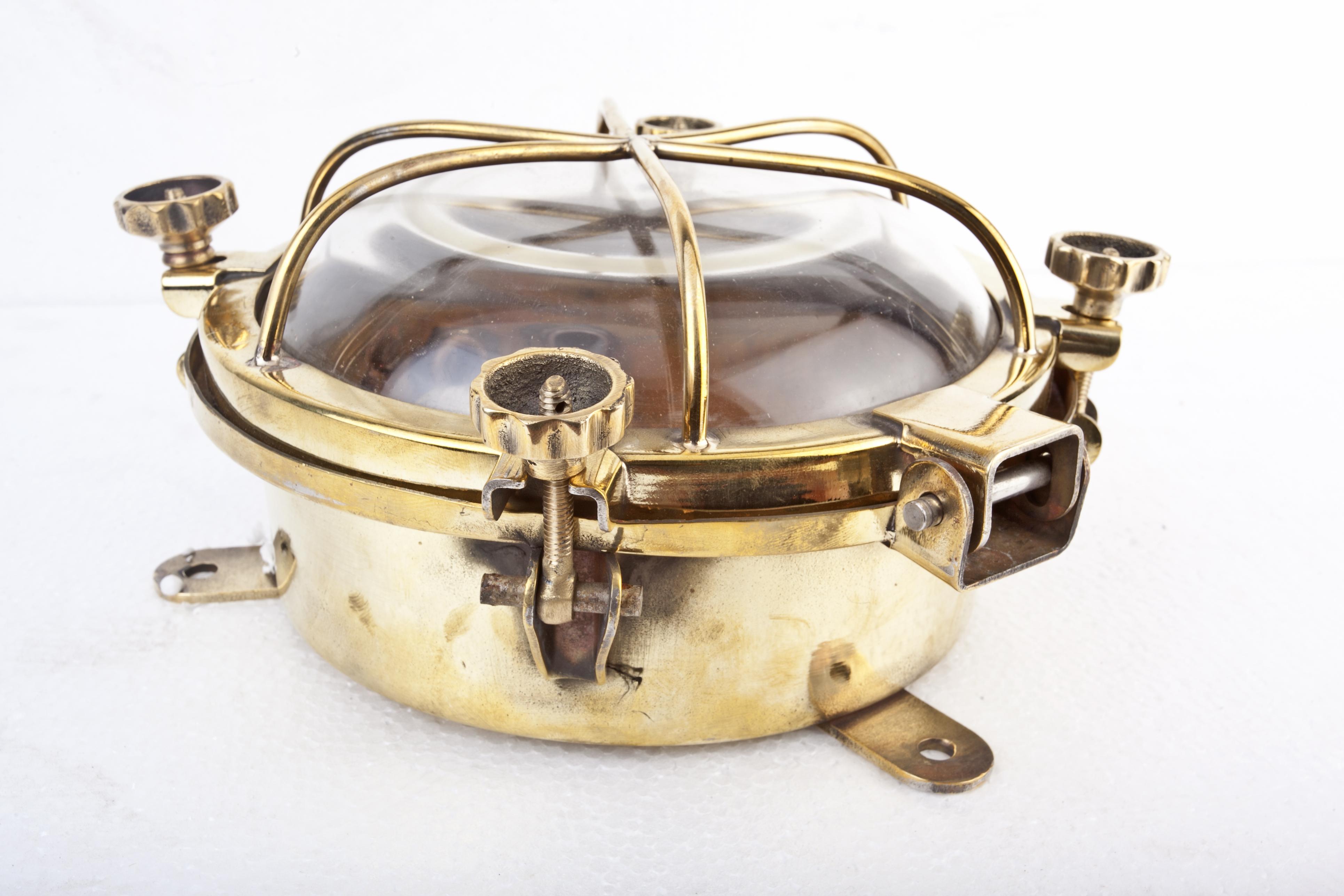 Industrial Pair of Ship's Nautical Brass Passageway Wall Lights, 1970s