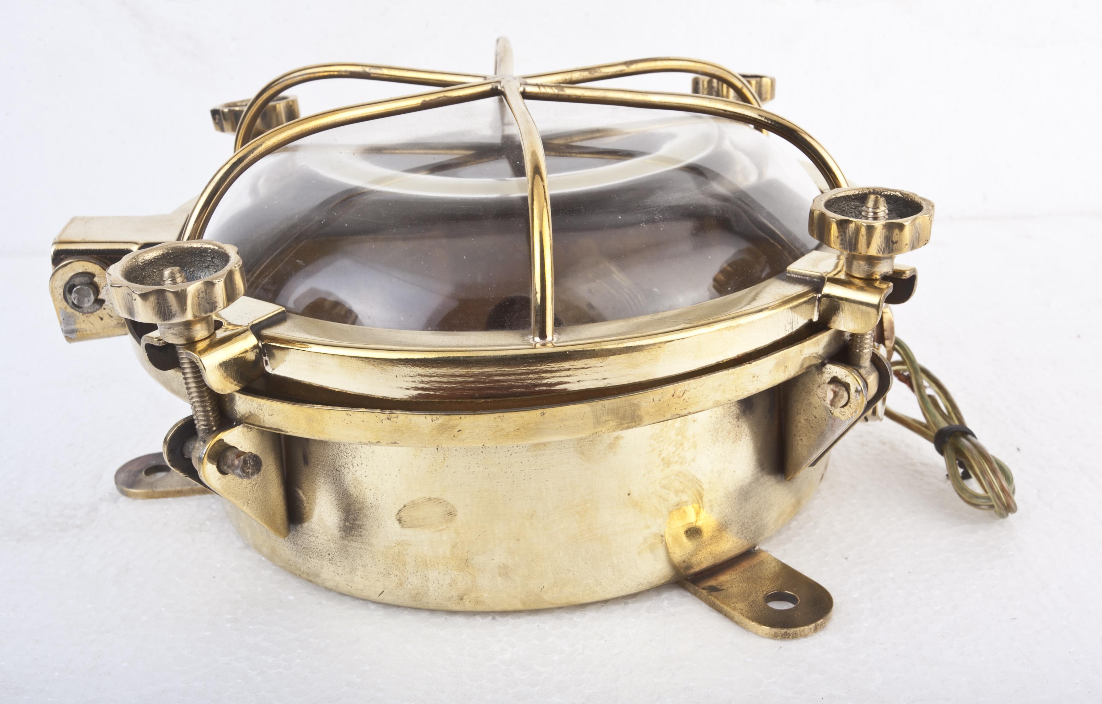 European Pair of Ship's Nautical Brass Passageway Wall Lights, 1970s