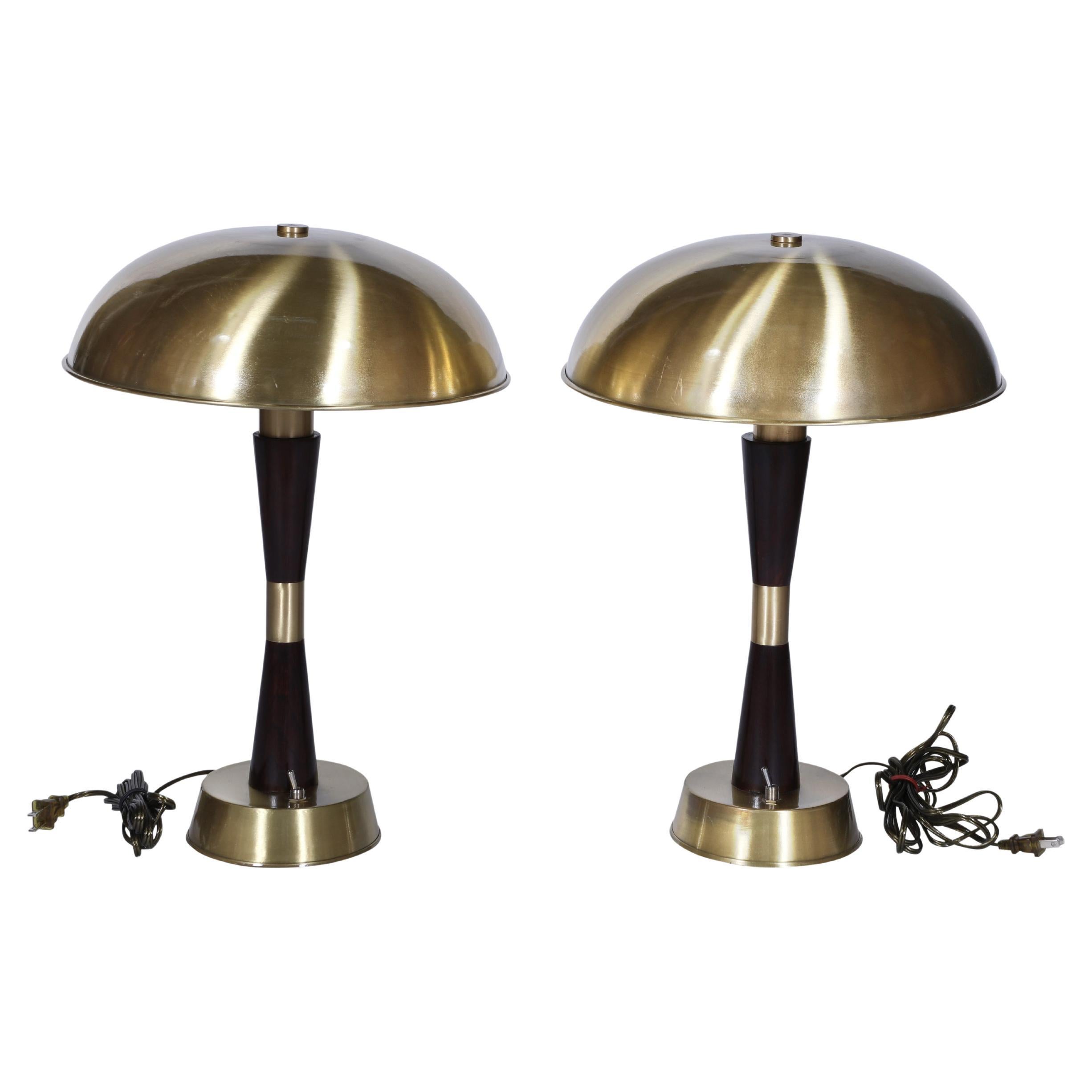 Pair of Ship's Nautical Stateroom Teak and Brass Table Lamps For Sale